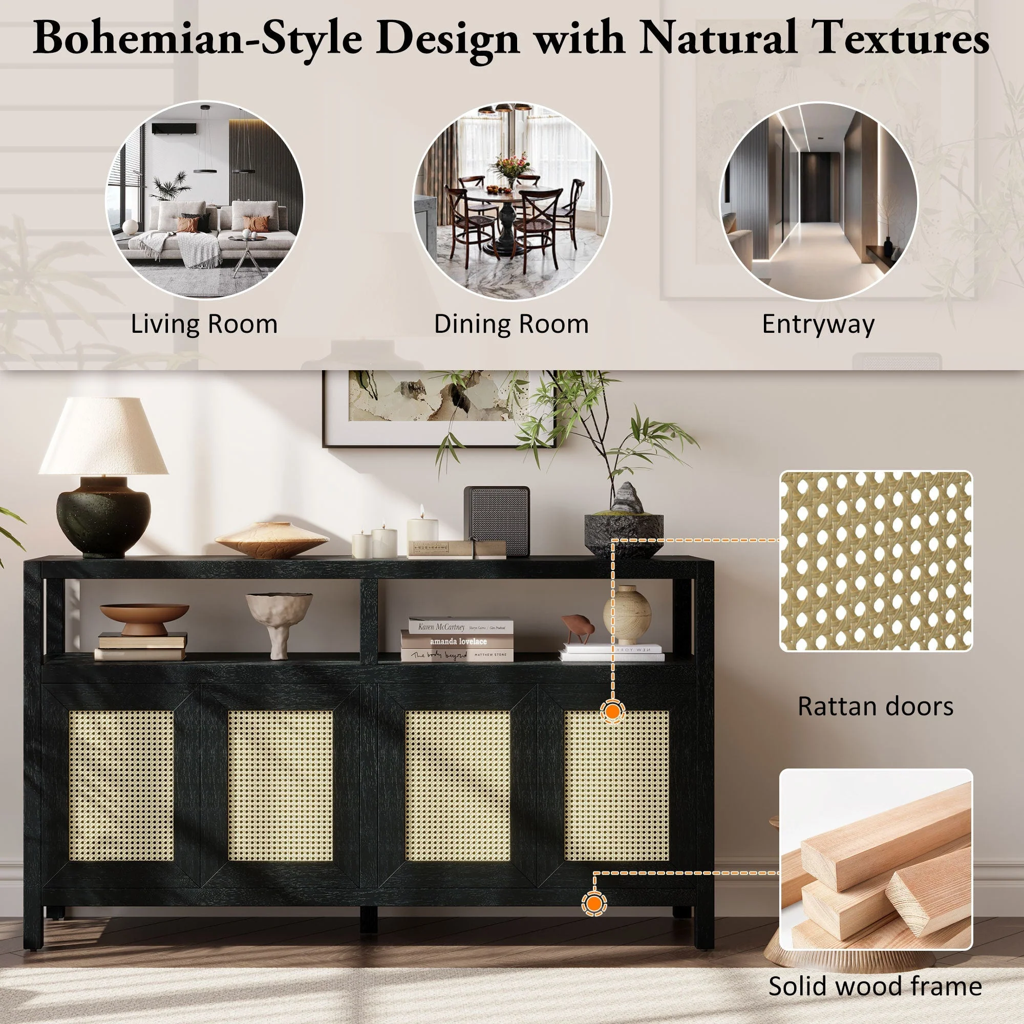 TREXM Bohemian Style Rattan Buffet Storage Cabinet with Solid Wood Frame - Image 8