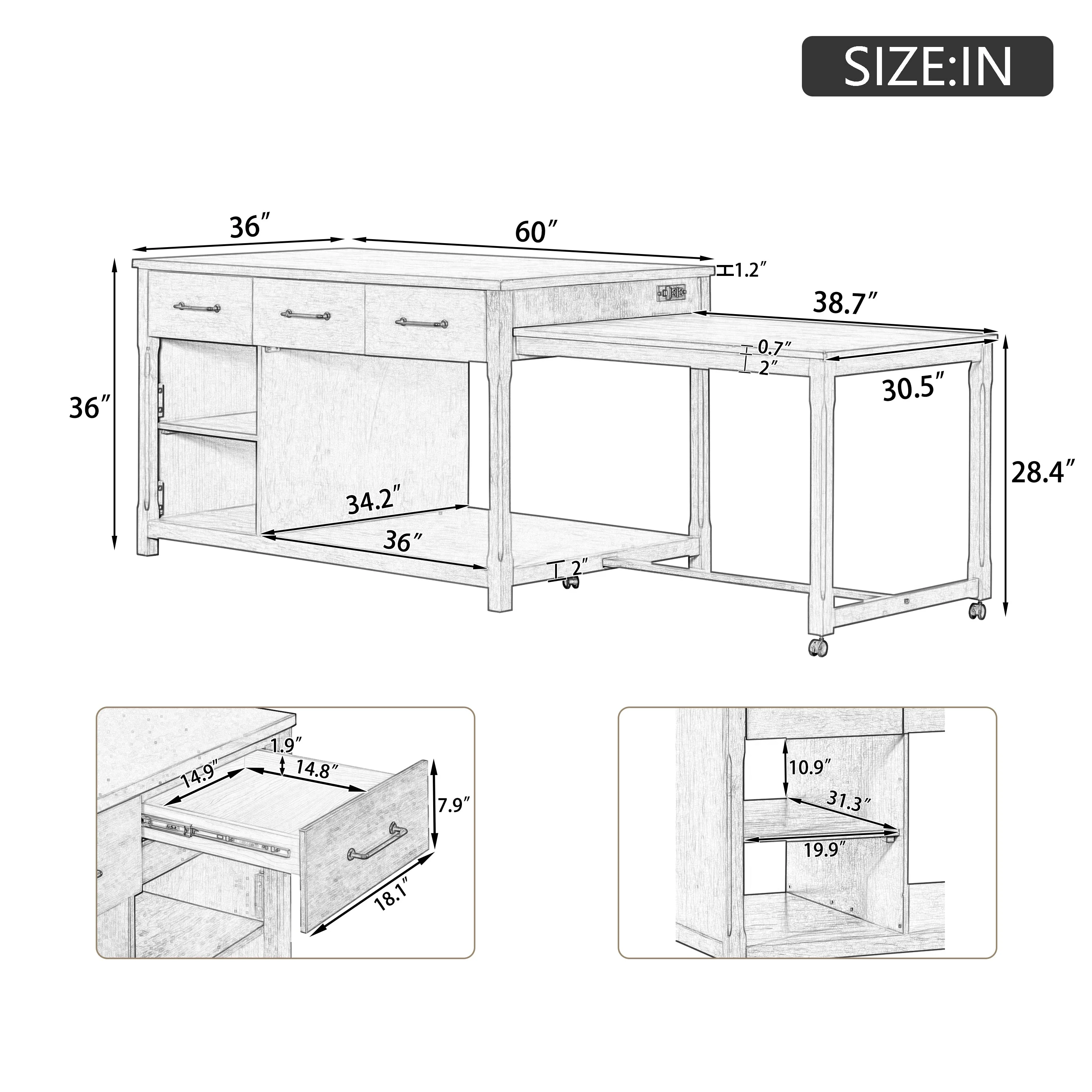 TREXM Extendable Kitchen Island with Storage - Image 4
