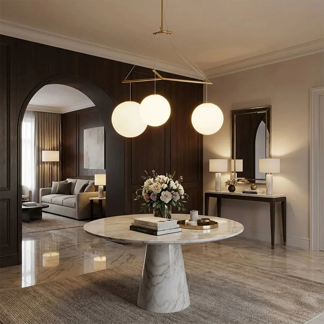 Triple Glass Orb Pendant Light – 3 Globe Gold Linear Chandelier E26/E27 - Image 9