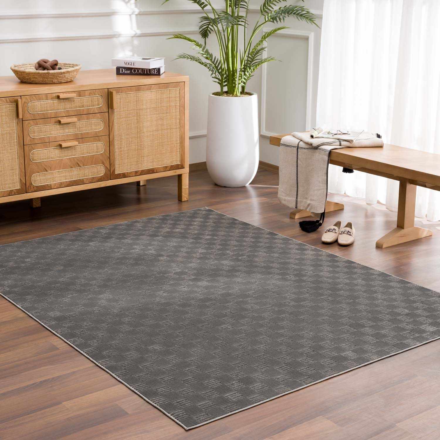 Truls 3D Checkered Washable Rug - Black - Image 2