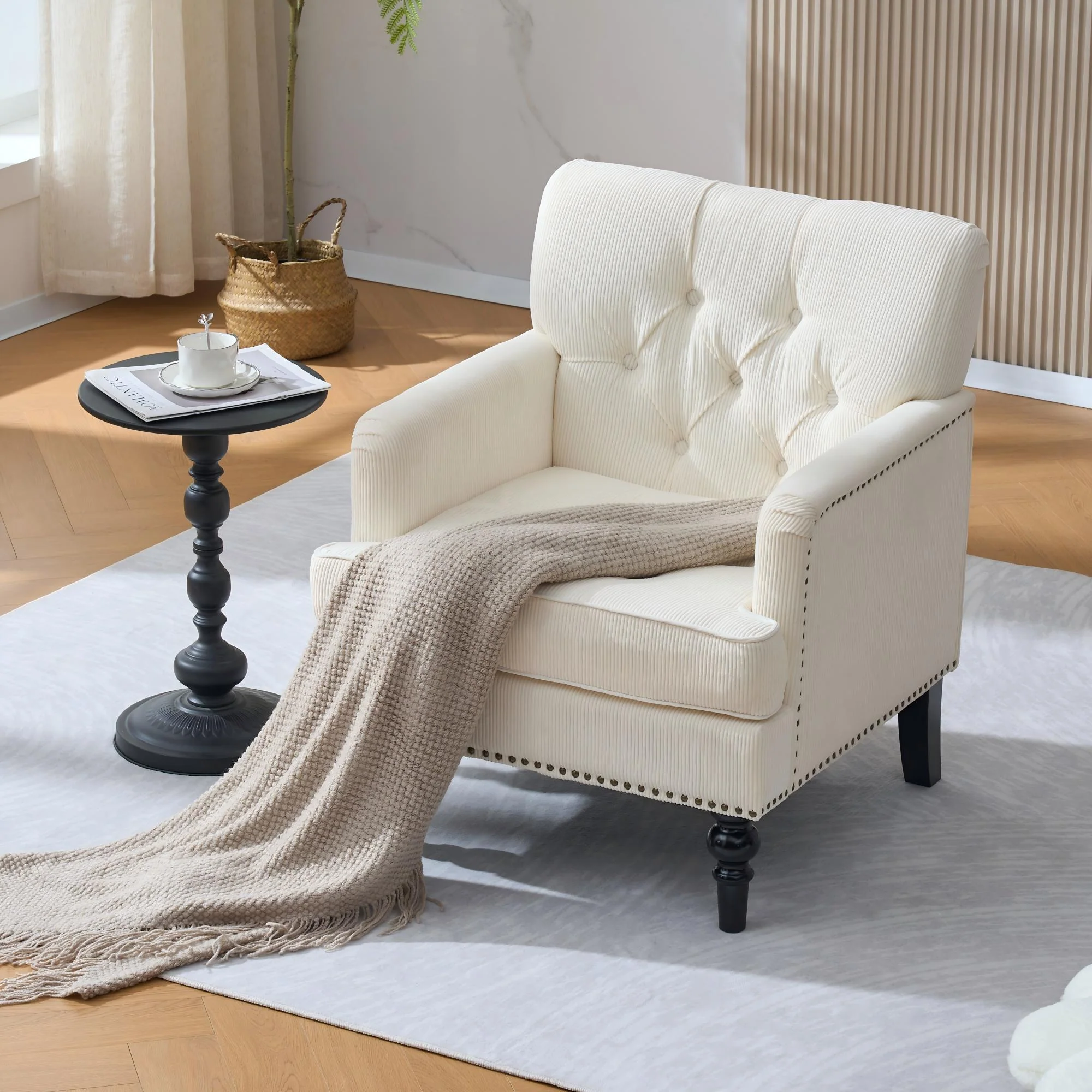 Tufted Club Chair, Upholstered Accent Armchair in Beige Corduroy - Image 2