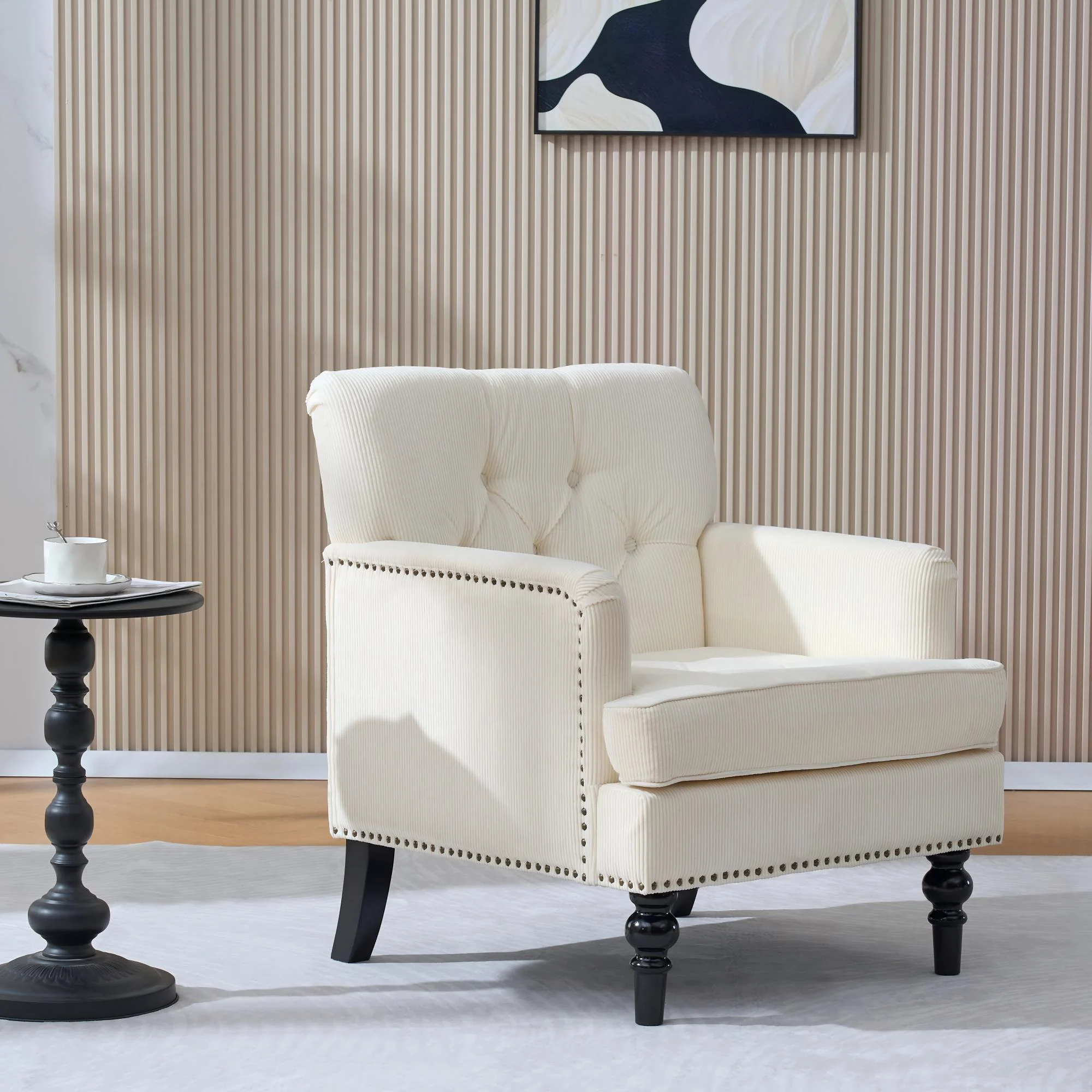 Tufted Club Chair, Upholstered Accent Armchair in Beige Corduroy - Image 3