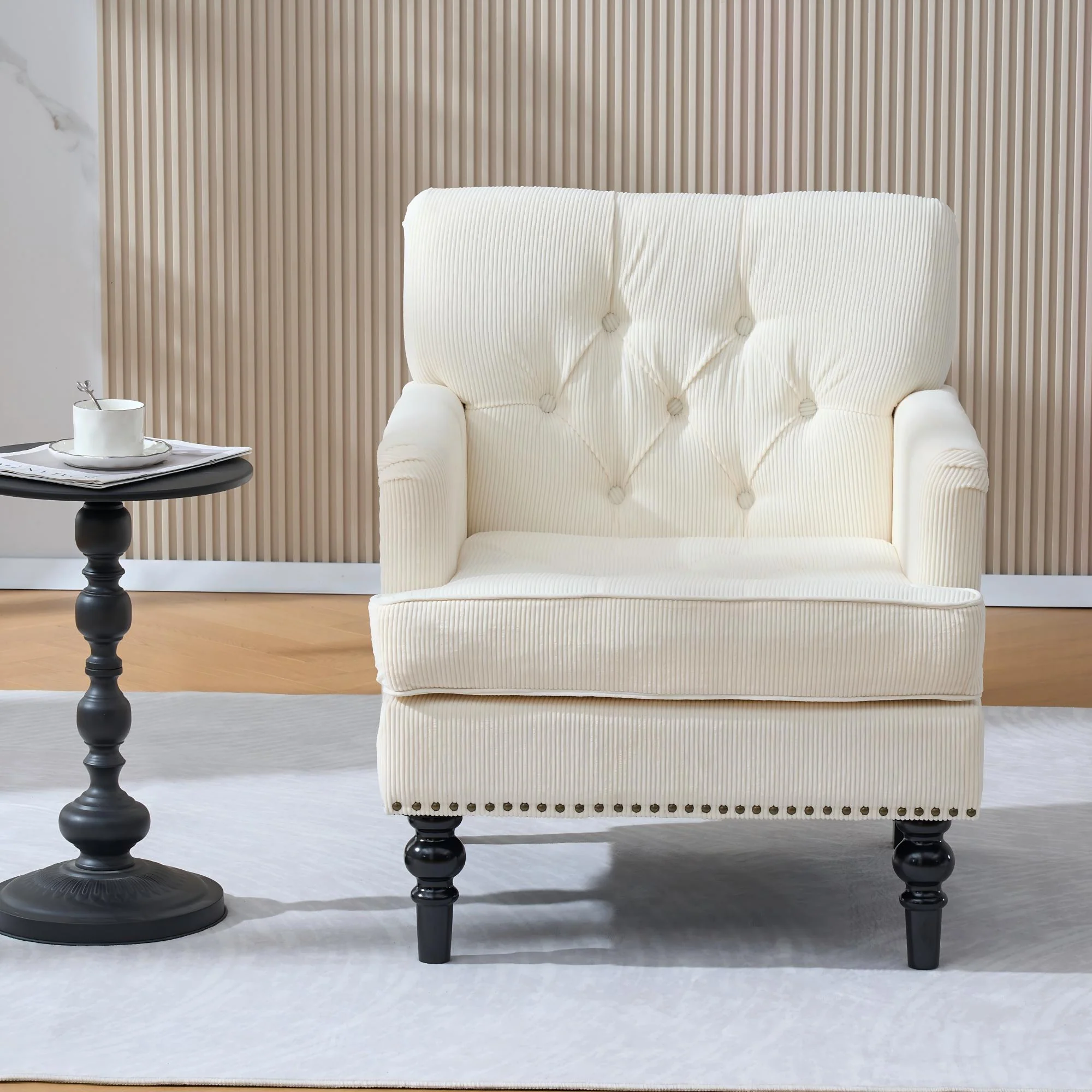 Tufted Club Chair, Upholstered Accent Armchair in Beige Corduroy - Image 4