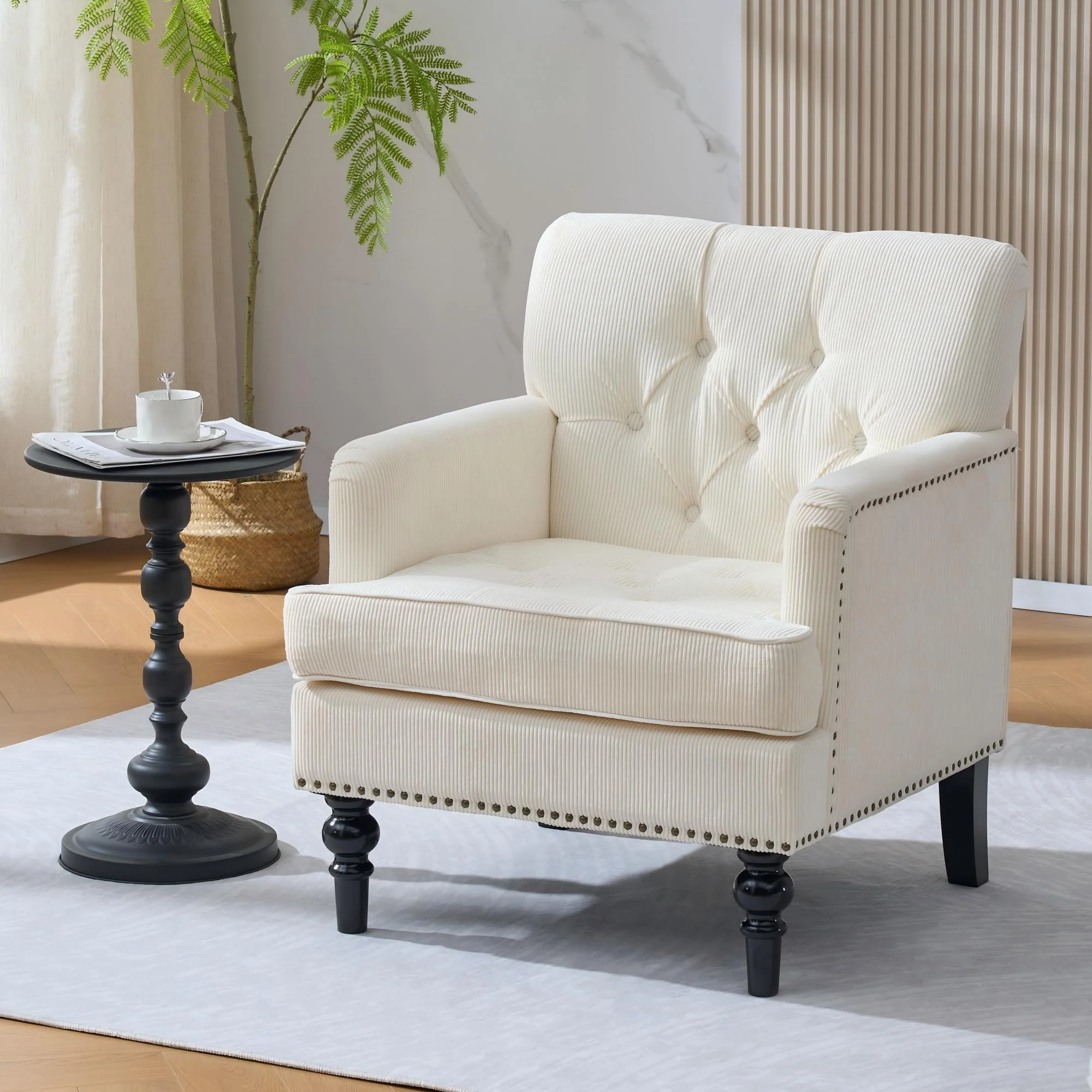 Tufted Club Chair, Upholstered Accent Armchair in Beige Corduroy - Image 5