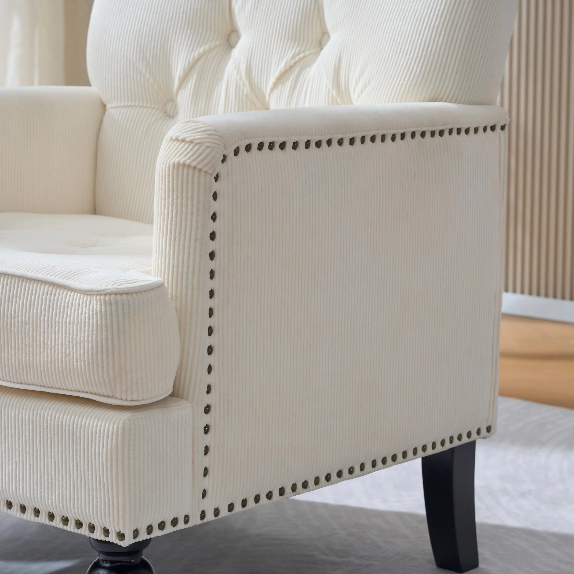 Tufted Club Chair, Upholstered Accent Armchair in Beige Corduroy - Image 6
