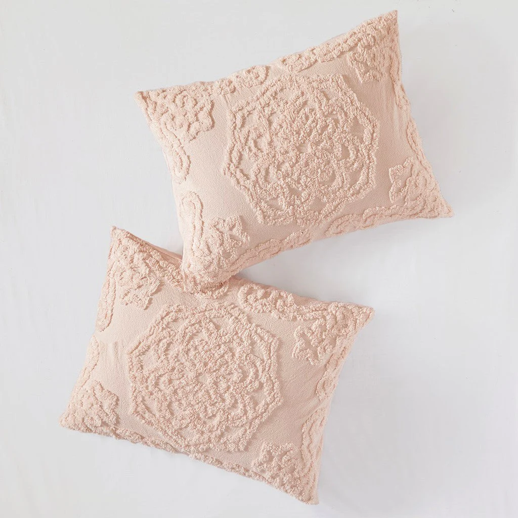 Tufted Cotton Chenille Medallion Fringe Coverlet Mini Set Blush Full/Queen - Image 2