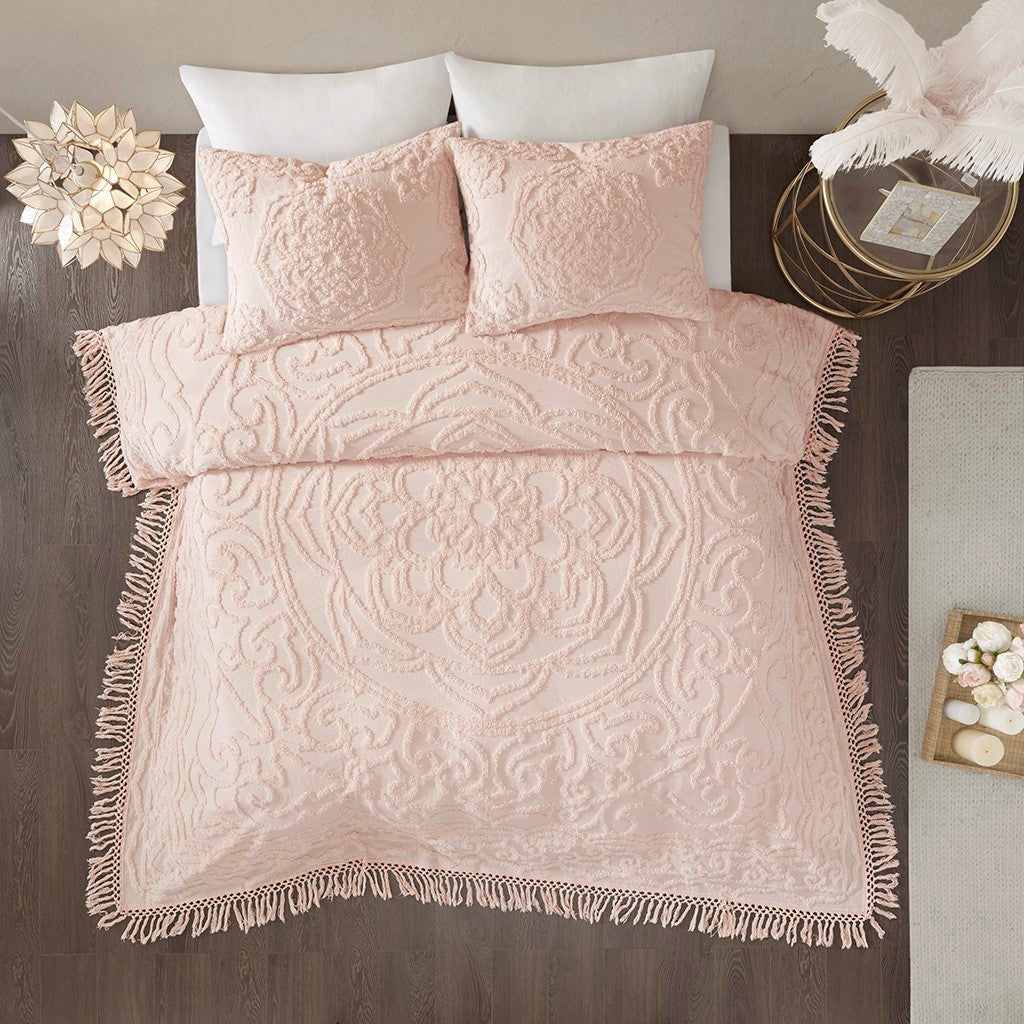 Tufted Cotton Chenille Medallion Fringe Coverlet Mini Set Blush Full/Queen - Image 3