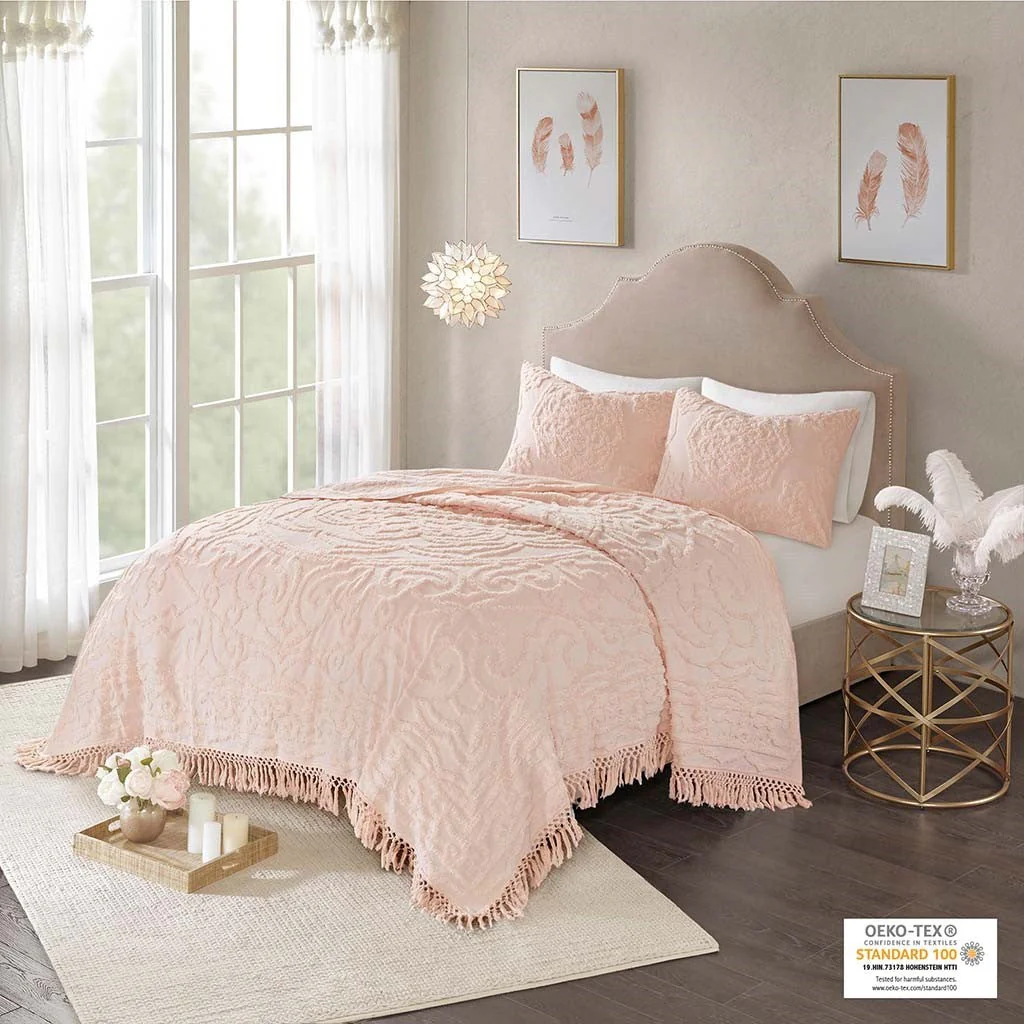 Tufted Cotton Chenille Medallion Fringe Coverlet Mini Set Blush Full/Queen - Image 5
