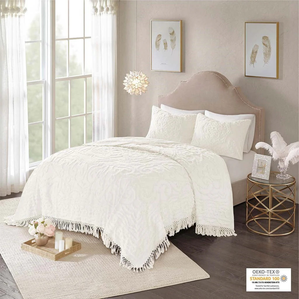 Tufted Cotton Chenille Medallion Fringe Coverlet Mini Set Off-White Full/Queen - Image 2