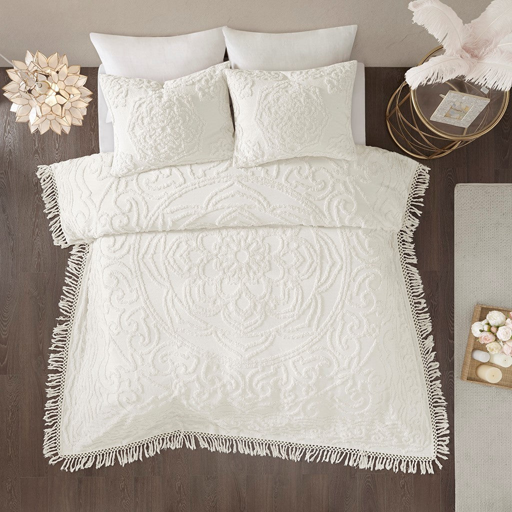 Tufted Cotton Chenille Medallion Fringe Coverlet Mini Set Off-White Full/Queen - Image 3