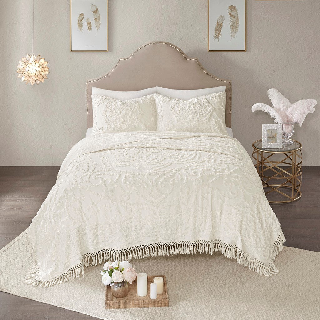 Tufted Cotton Chenille Medallion Fringe Coverlet Mini Set - Off-White Twin/Twin XL