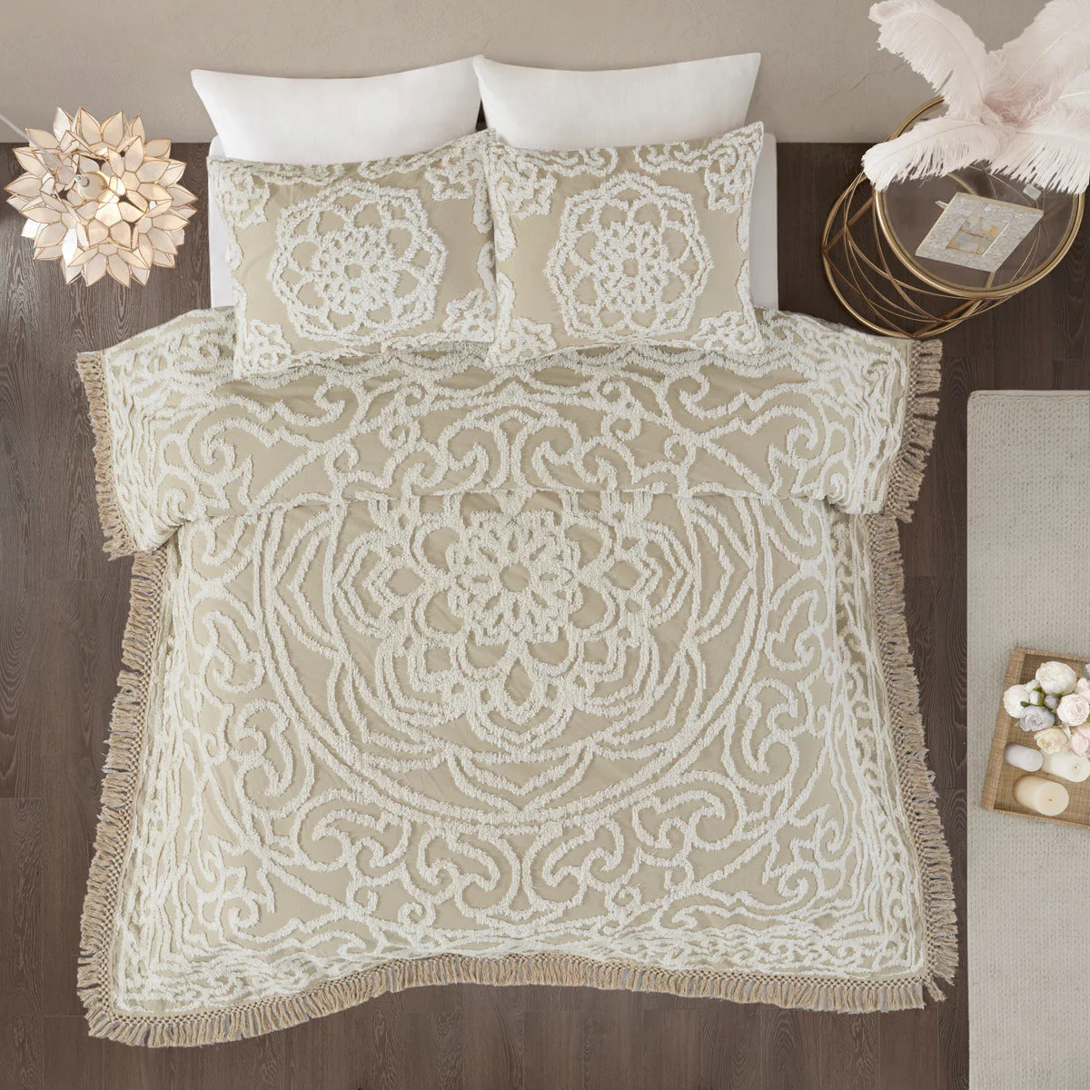 Tufted Cotton Chenille Medallion Fringe Coverlet Mini Set Taupe Full/Queen - Image 10
