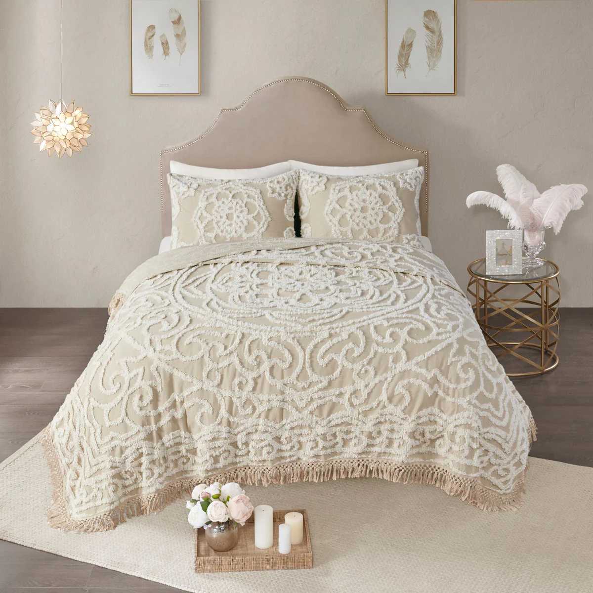 Tufted Cotton Chenille Medallion Fringe Coverlet Mini Set Taupe Full/Queen - Image 2