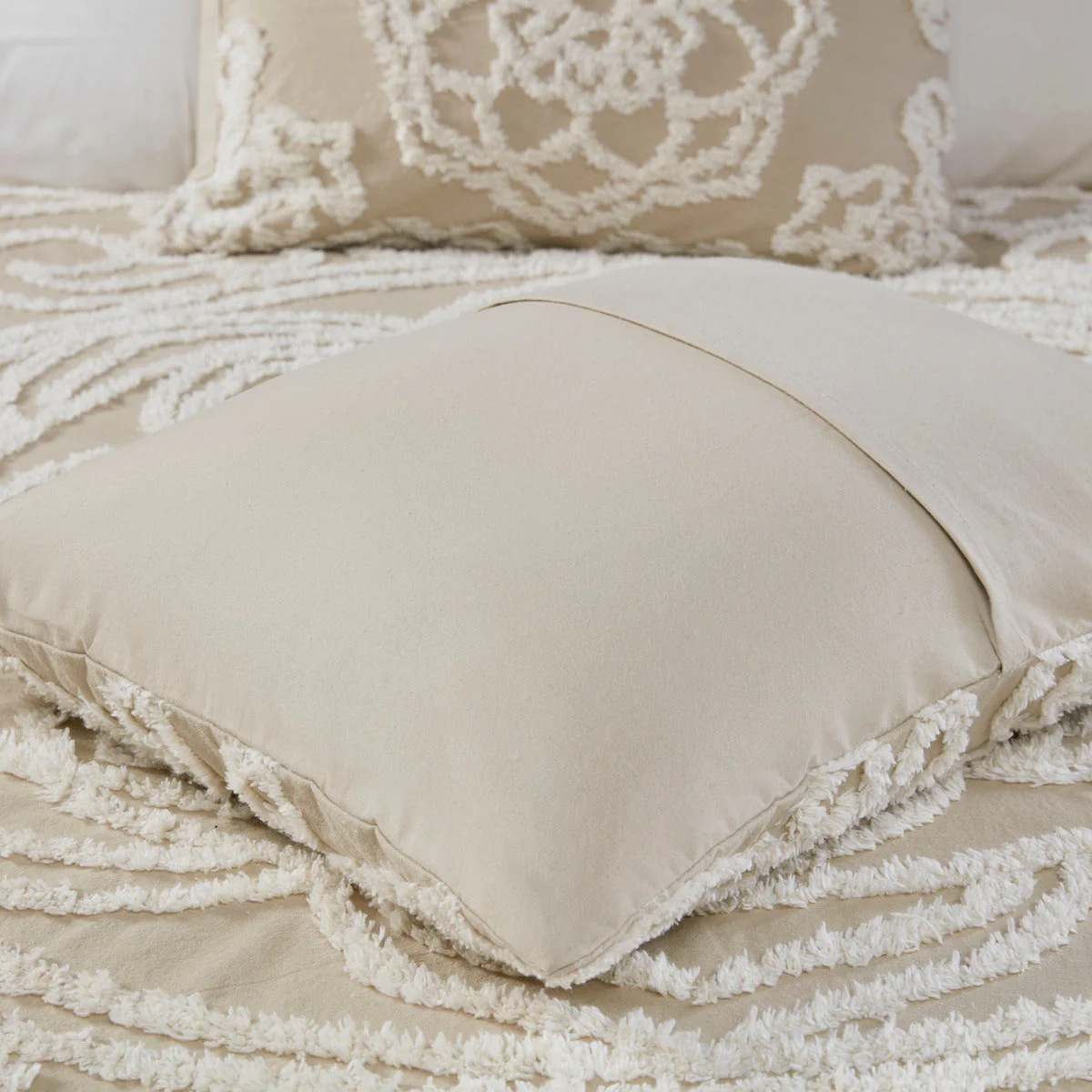 Tufted Cotton Chenille Medallion Fringe Coverlet Mini Set Taupe Full/Queen - Image 4