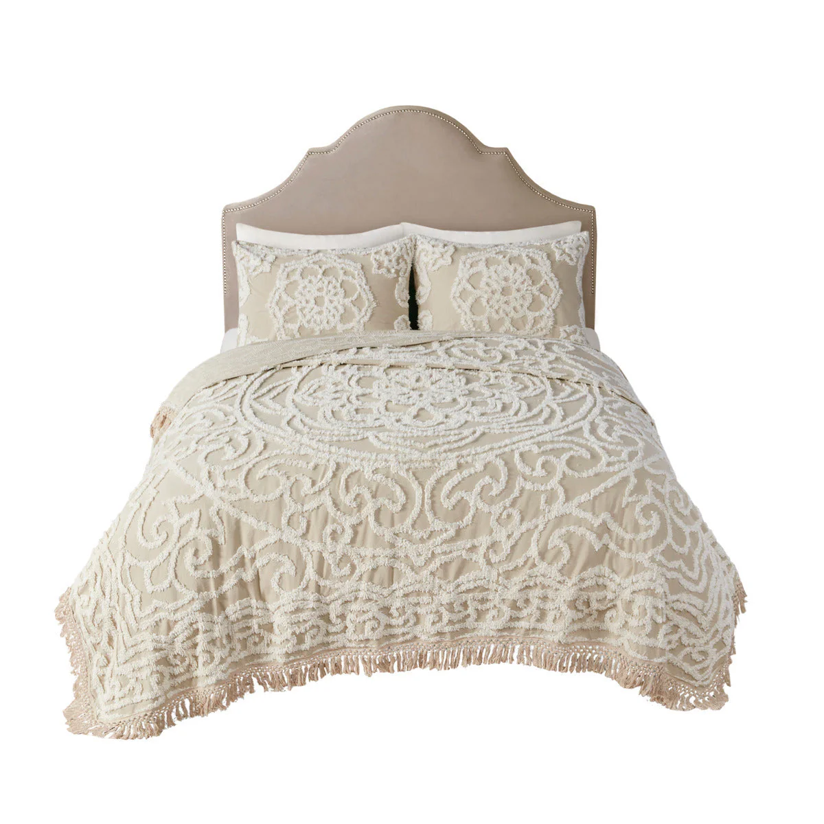 Tufted Cotton Chenille Medallion Fringe Coverlet Mini Set Taupe Full/Queen - Image 9