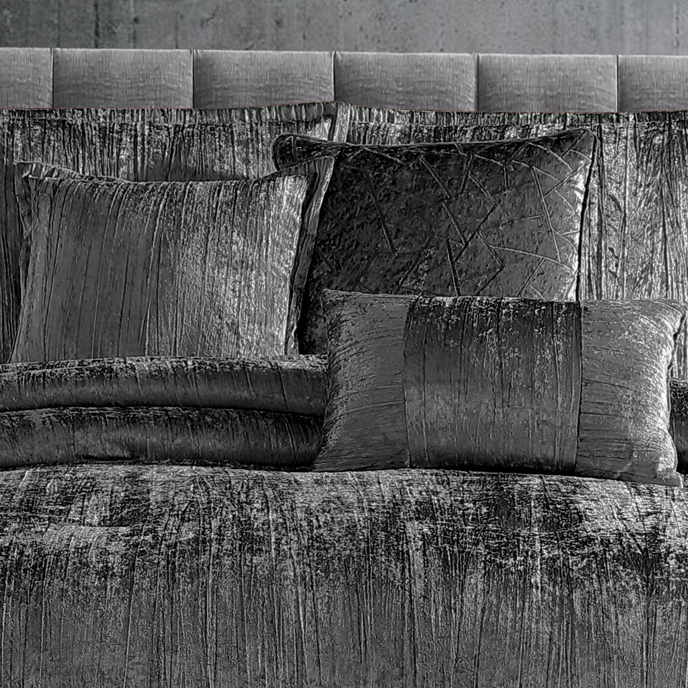 Turin 7 Piece Charcoal Crinkle Velvet Comforter Ensemble - Image 2
