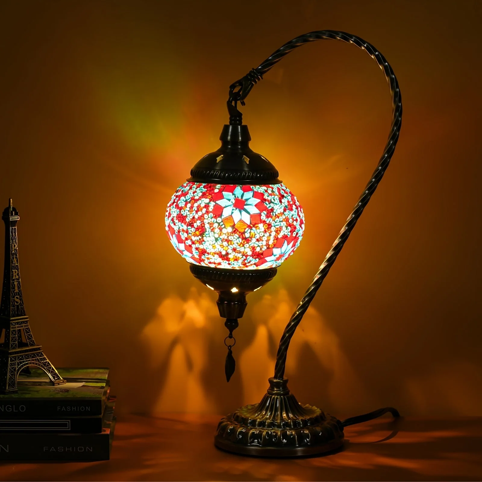 Turkish Mosaic Table Lamp – Swan Neck Moroccan Bedside Light with LED Bulb - Image 11
