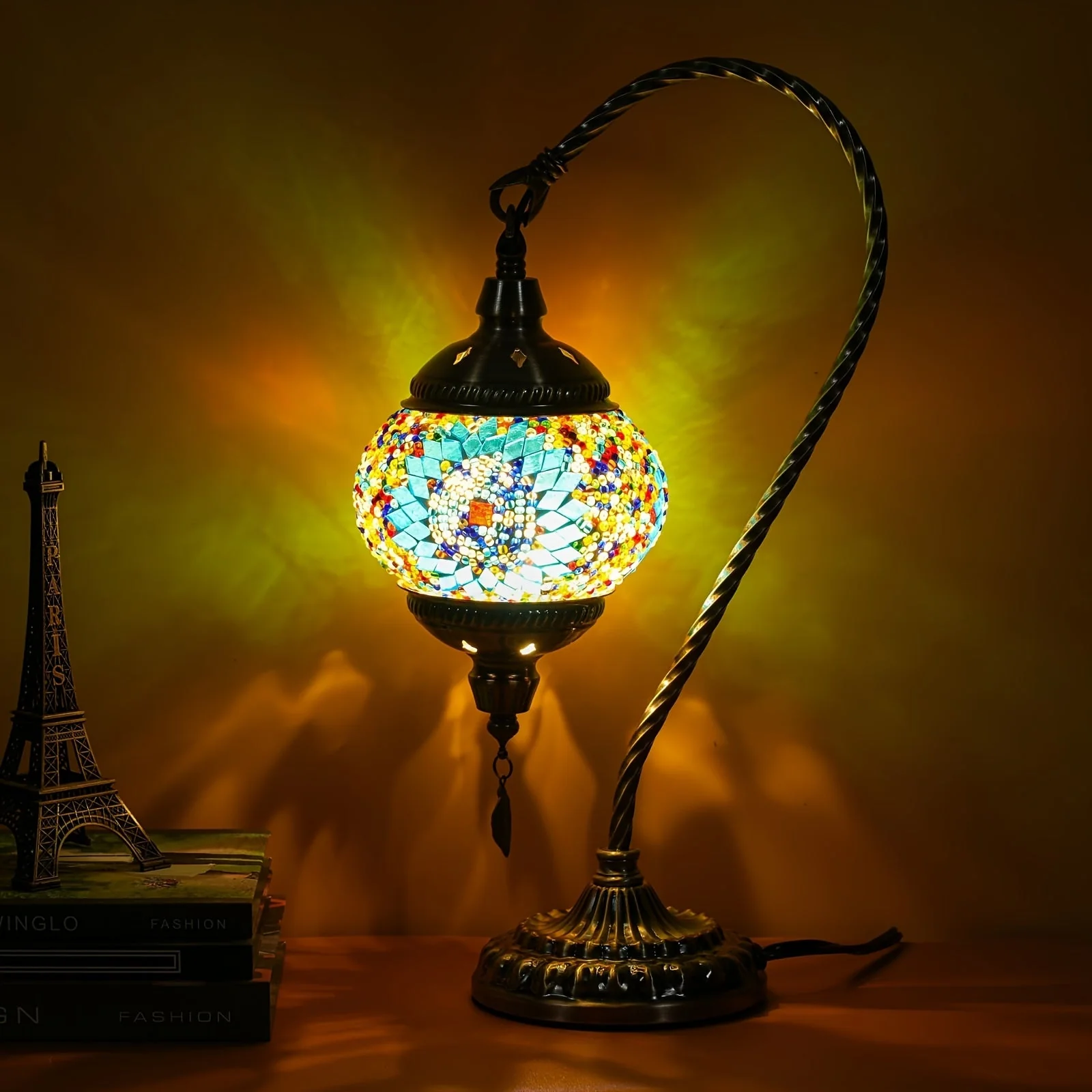 Turkish Mosaic Table Lamp – Swan Neck Moroccan Bedside Light with LED Bulb - Image 12