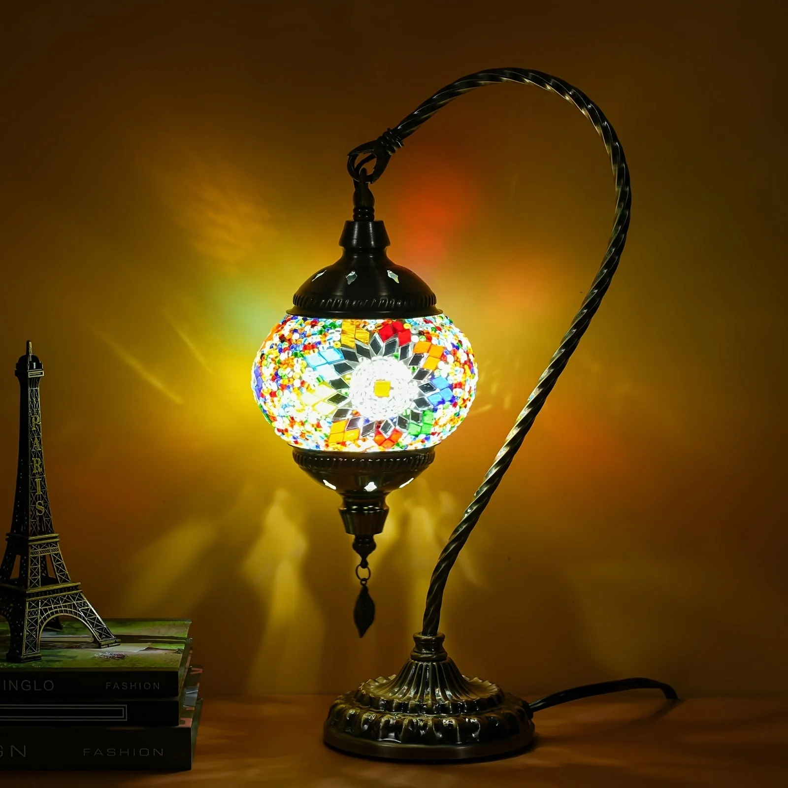 Turkish Mosaic Table Lamp – Swan Neck Moroccan Bedside Light with LED Bulb - Image 13