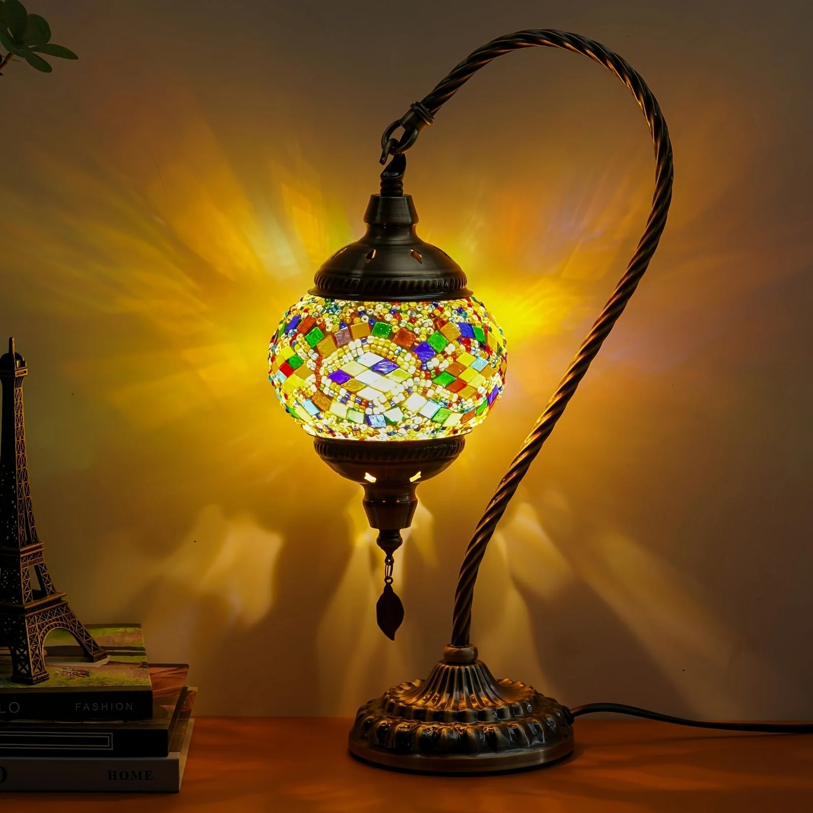 Turkish Mosaic Table Lamp – Swan Neck Moroccan Bedside Light with LED Bulb - Image 14