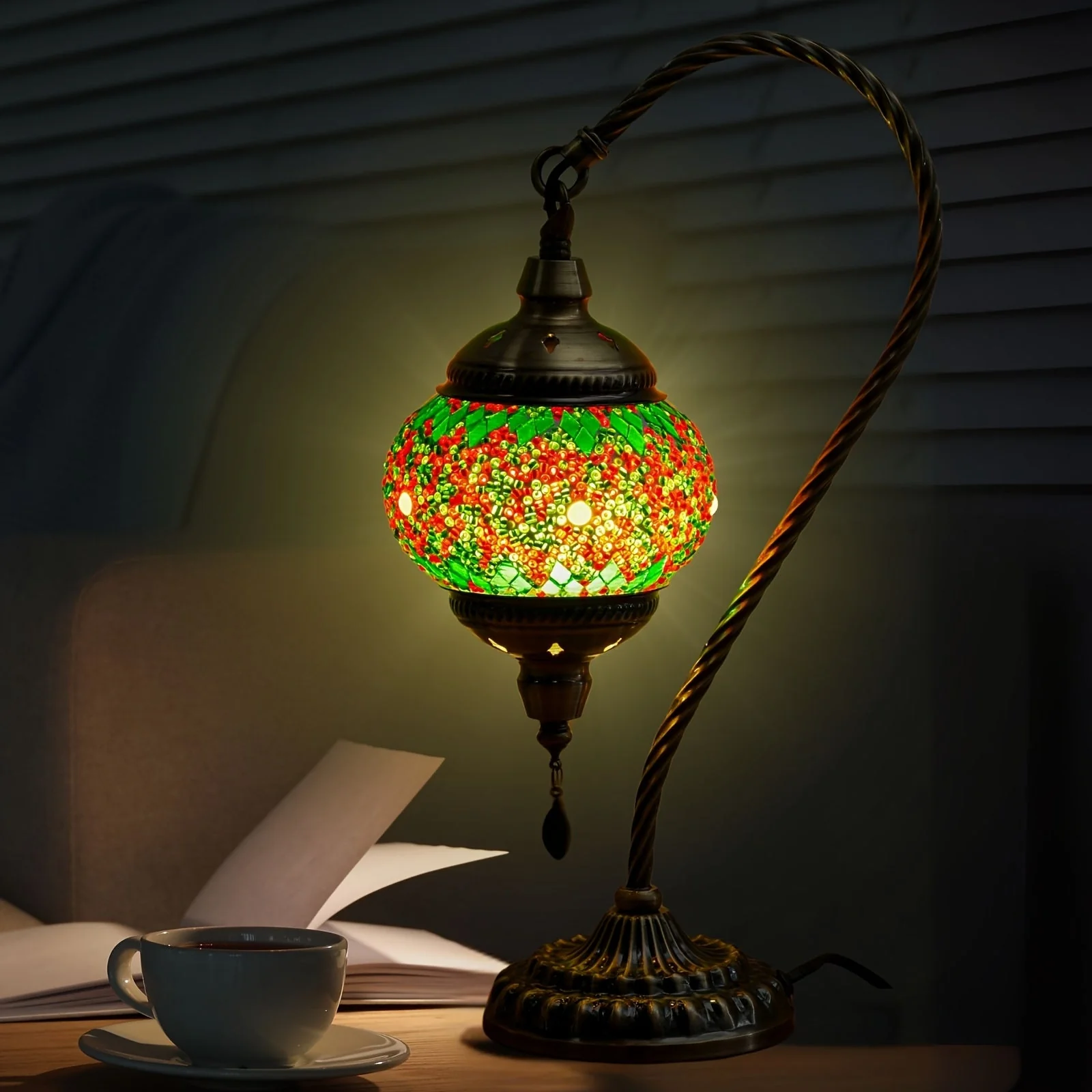 Turkish Mosaic Table Lamp – Swan Neck Moroccan Bedside Light with LED Bulb - Image 15