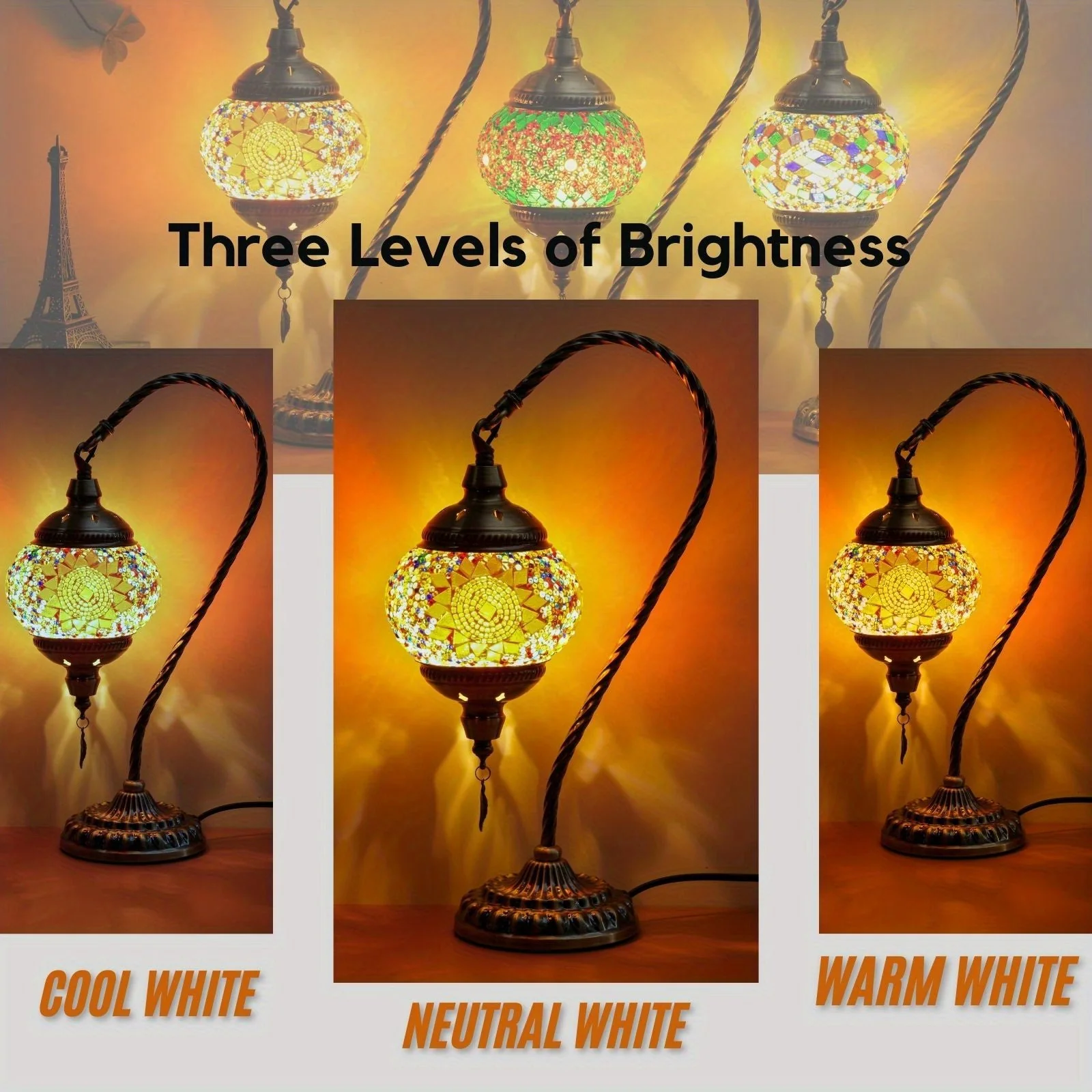 Turkish Mosaic Table Lamp – Swan Neck Moroccan Bedside Light with LED Bulb - Image 4