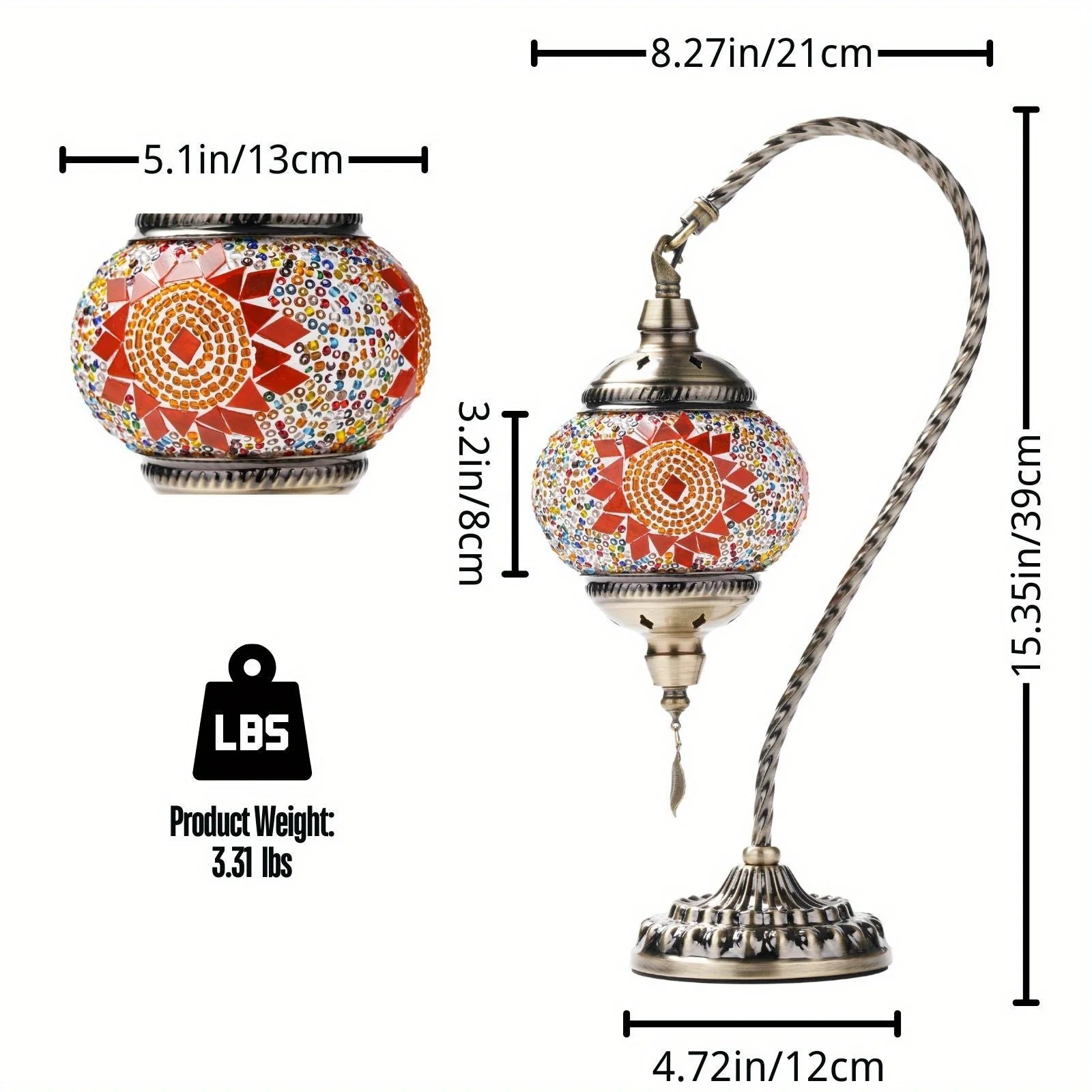 Turkish Mosaic Table Lamp – Swan Neck Moroccan Bedside Light with LED Bulb - Image 5