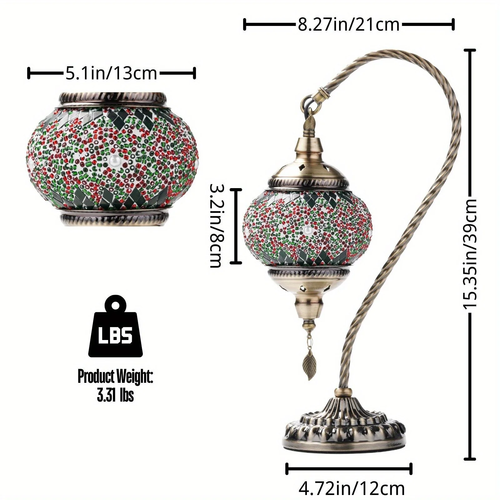 Turkish Mosaic Table Lamp – Swan Neck Moroccan Bedside Light with LED Bulb - Image 7