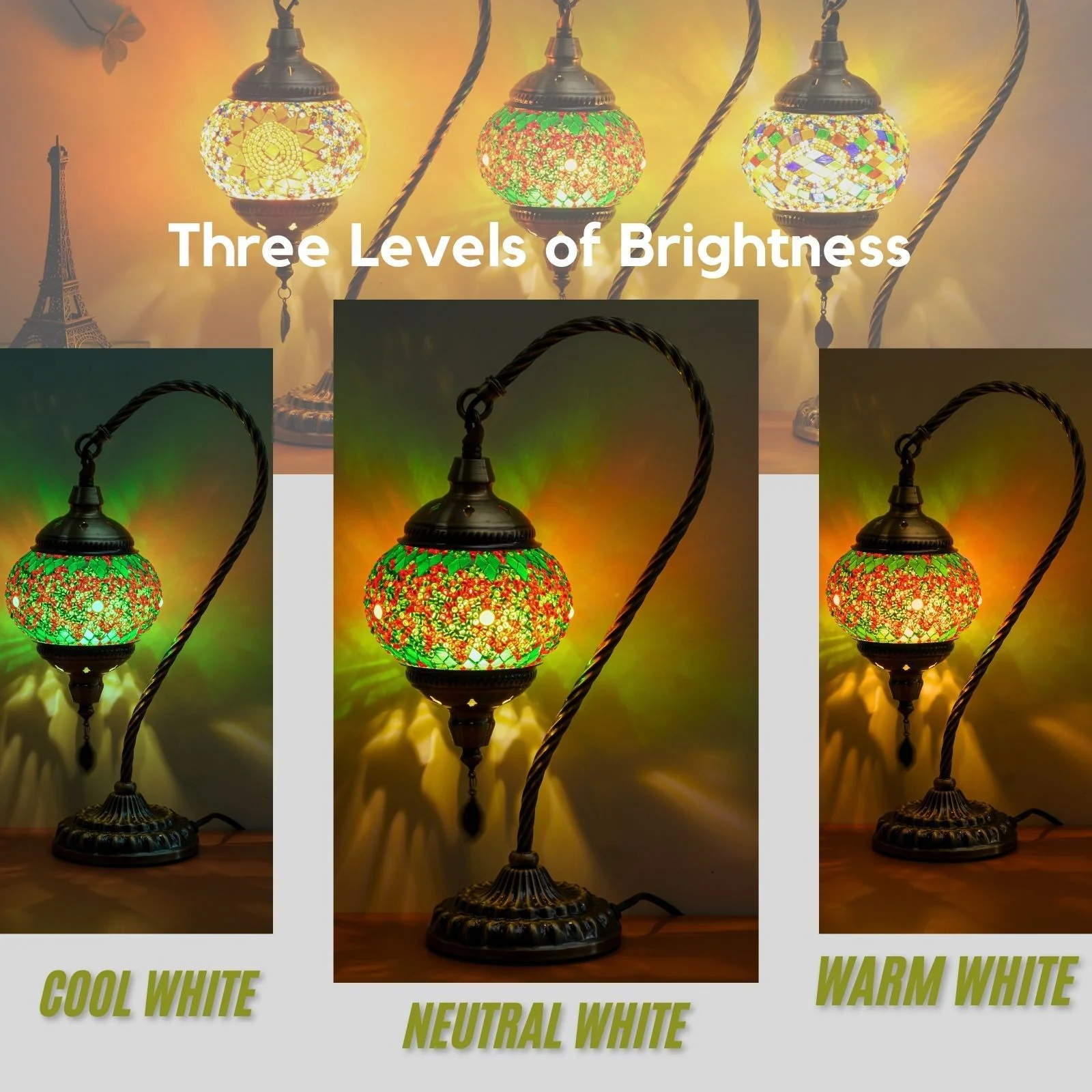 Turkish Mosaic Table Lamp – Swan Neck Moroccan Bedside Light with LED Bulb - Image 8