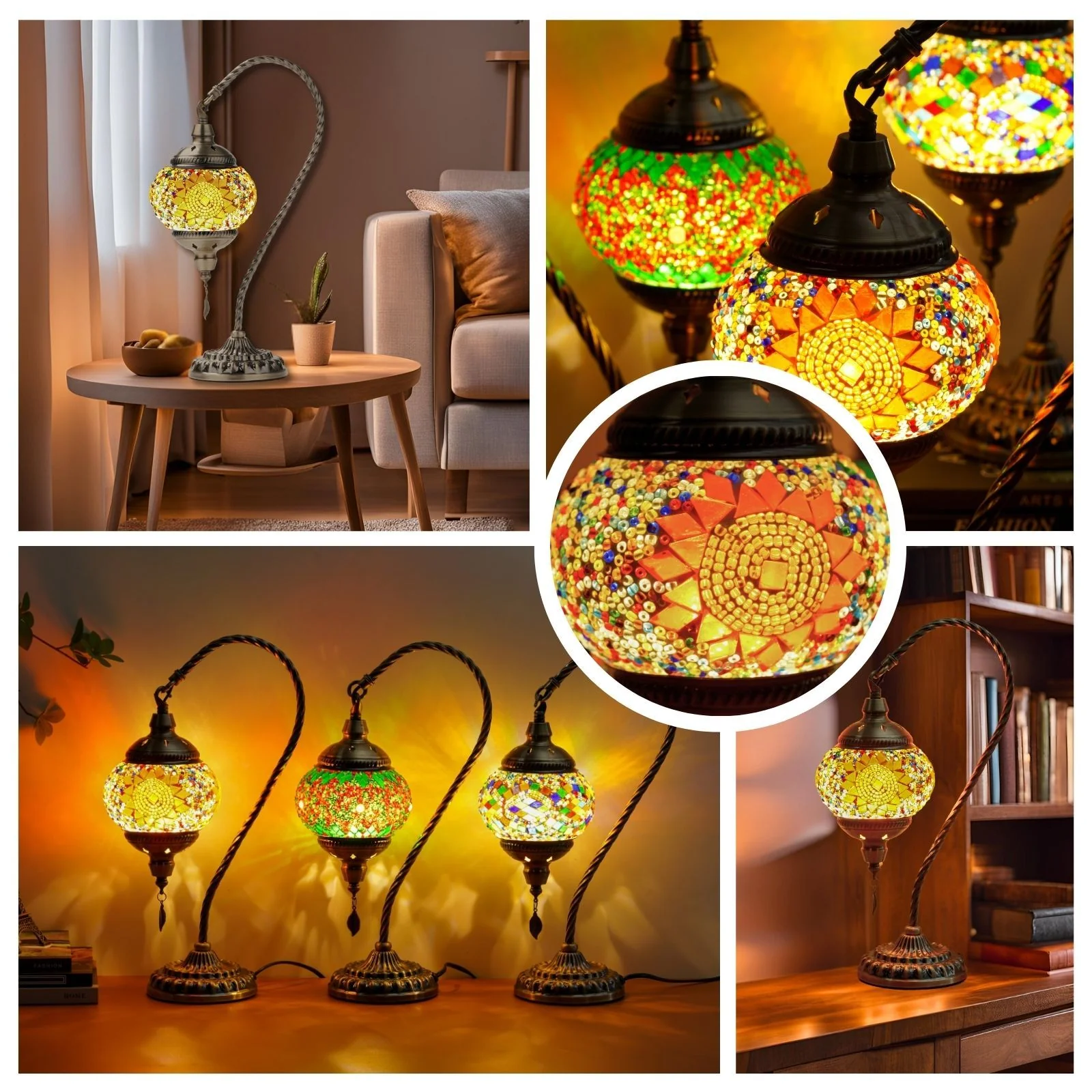 Turkish Mosaic Table Lamp – Swan Neck Moroccan Bedside Light with LED Bulb - Image 9