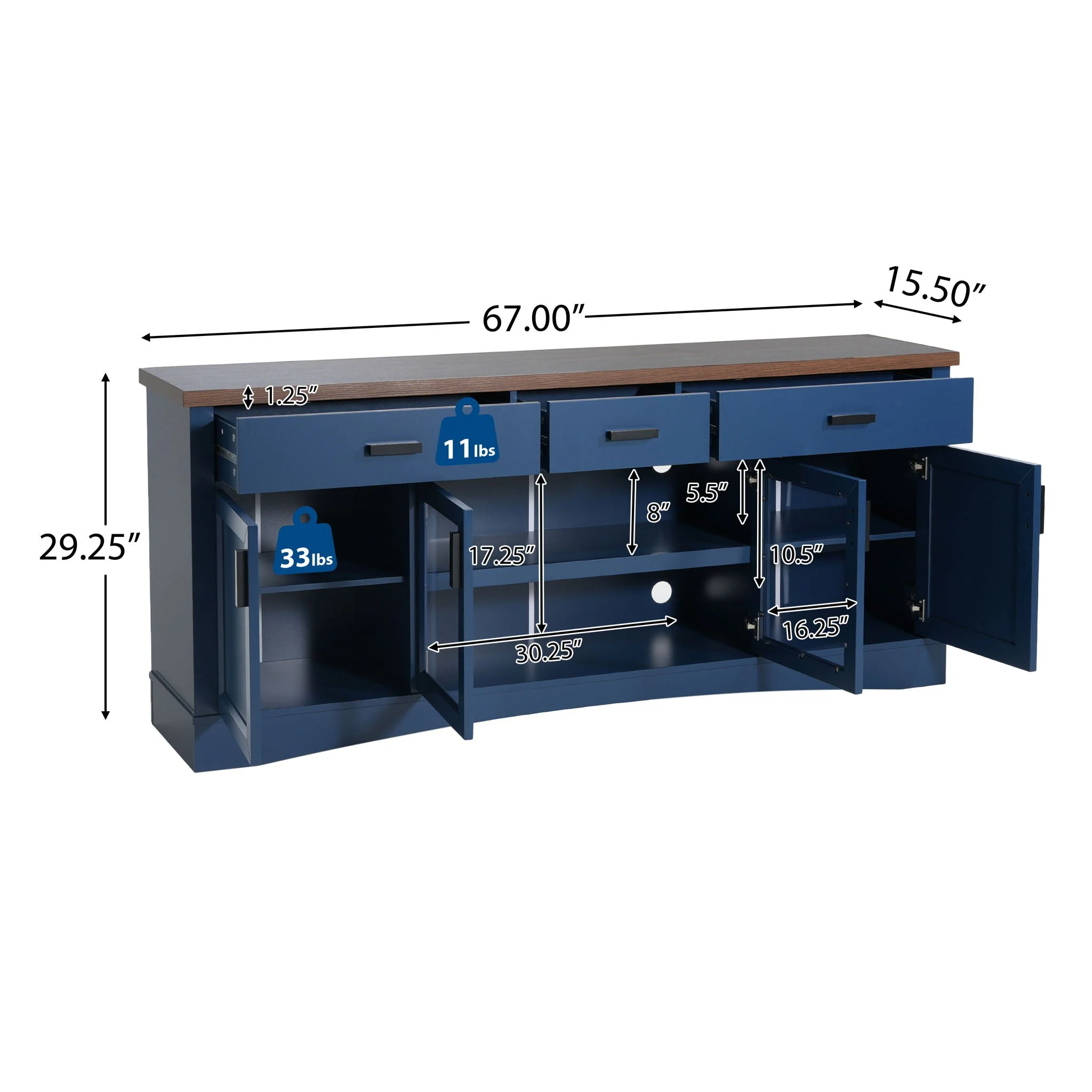 TV Console Stand, Glass Doors & Storage Drawers, Adjustable Shelves - Image 3
