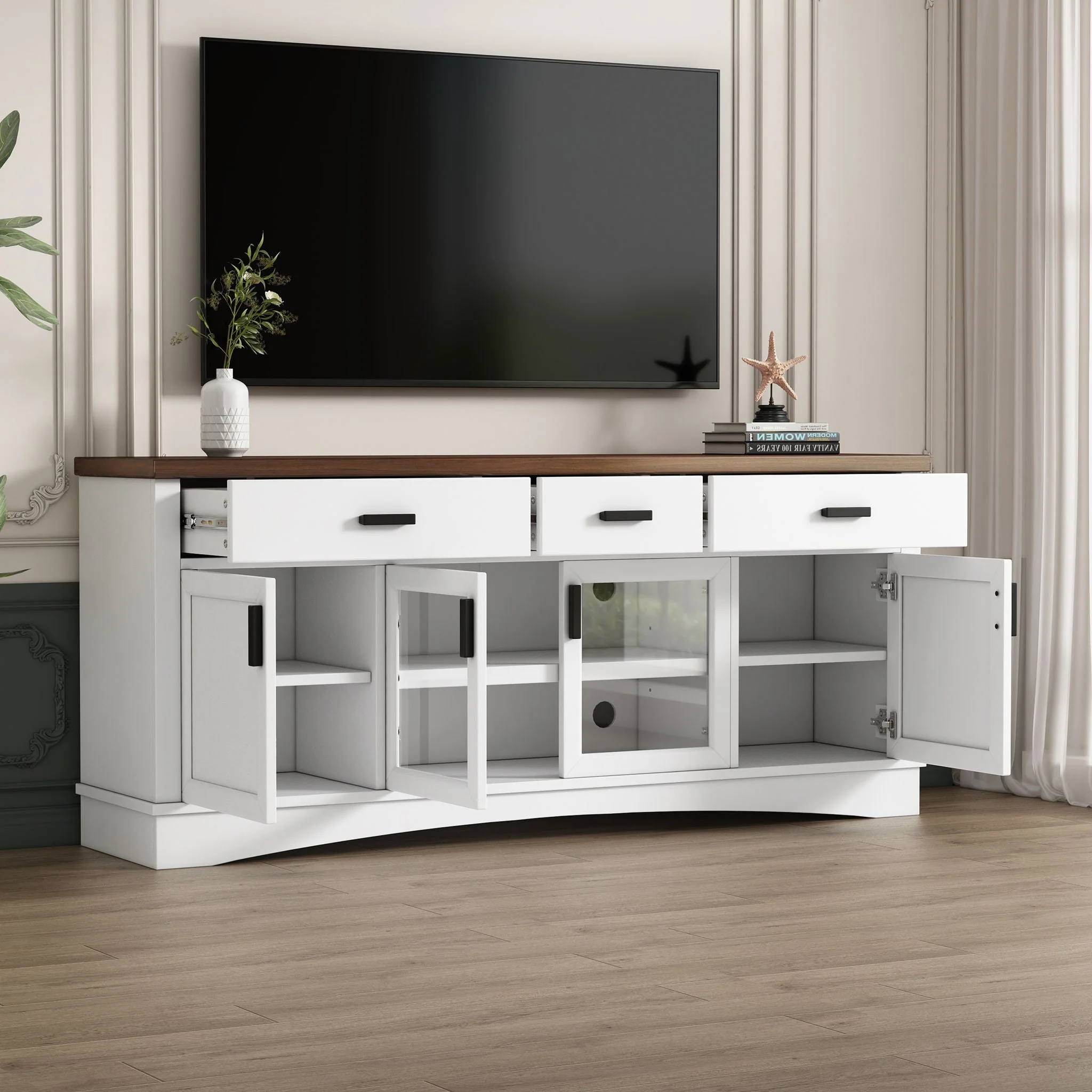 TV Console Stand, Glass Doors & Storage Drawers, Adjustable Shelves - Image 4