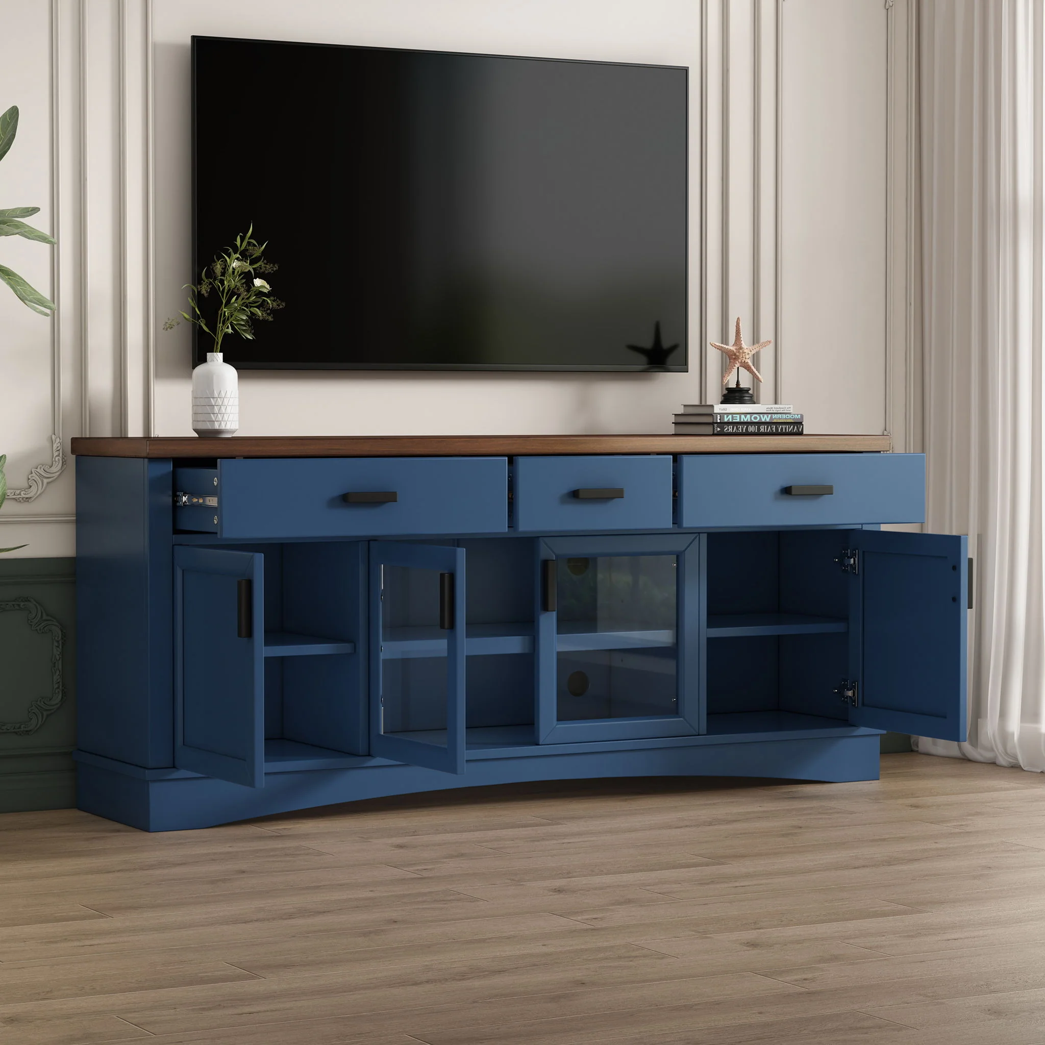 TV Console Stand, Glass Doors & Storage Drawers, Adjustable Shelves - Image 5