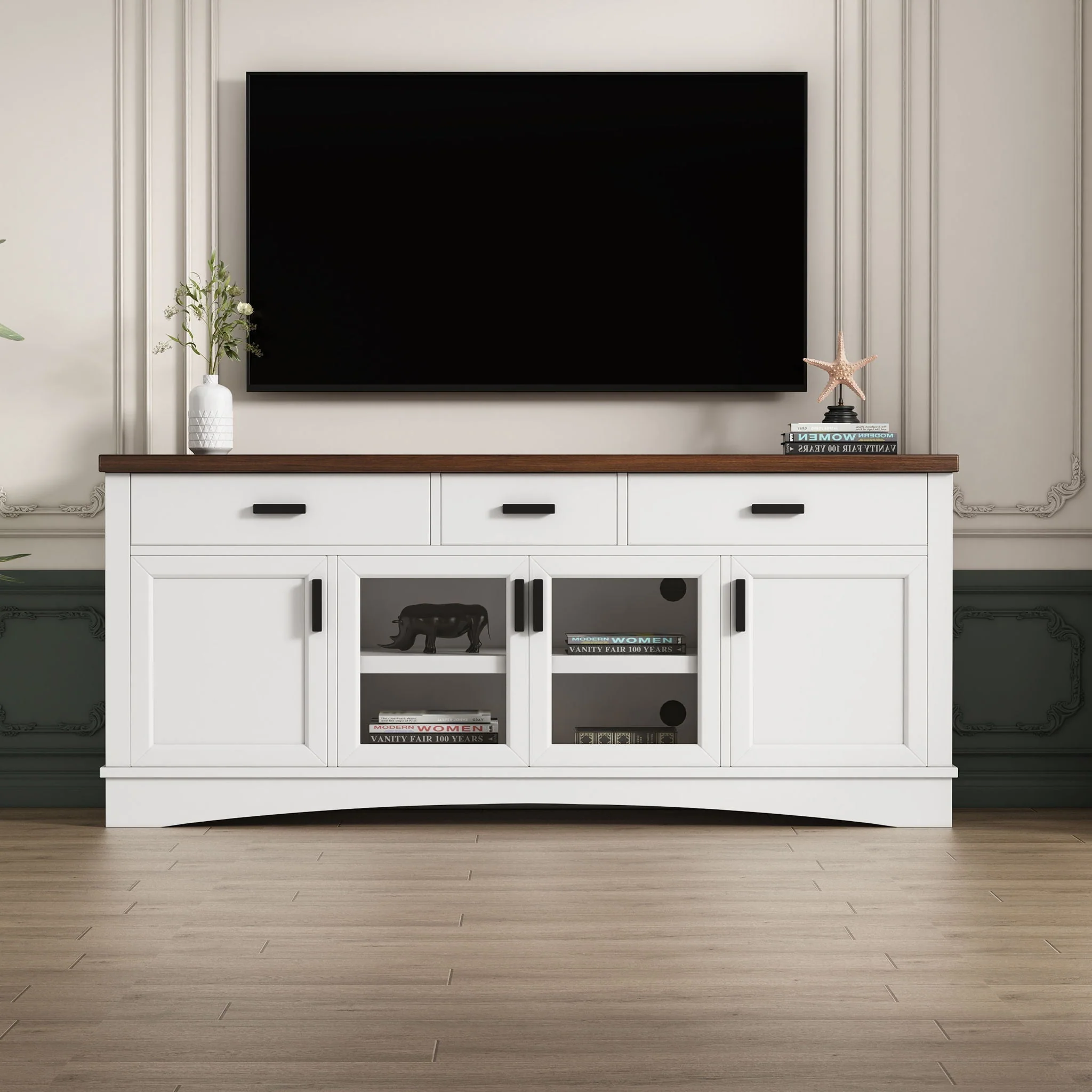 TV Console Stand, Glass Doors & Storage Drawers, Adjustable Shelves - Image 6