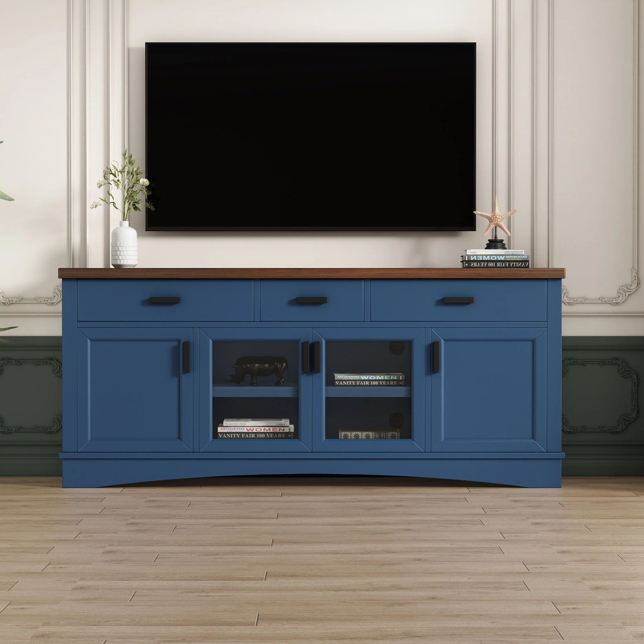 TV Console Stand, Glass Doors & Storage Drawers, Adjustable Shelves - Image 8