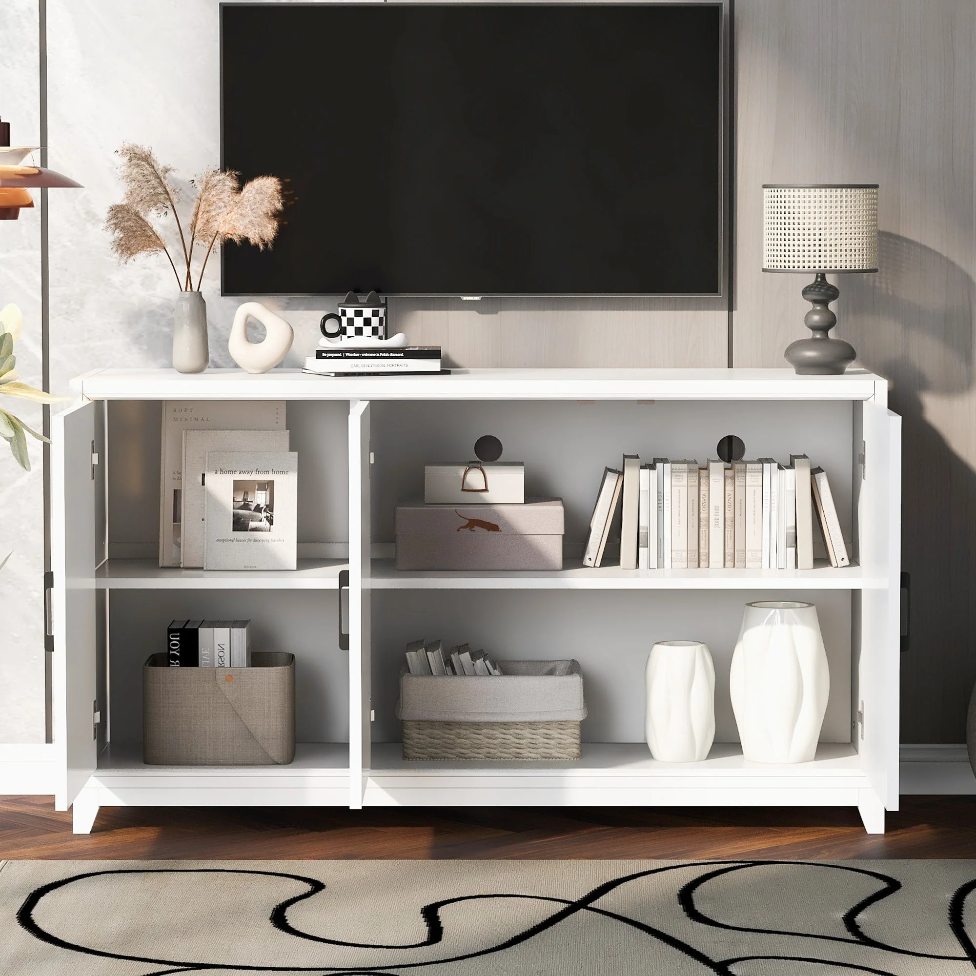 TV Stand for TVs up to 65 Inches, Modern Entertainment Center Media Console Cabinet with 2 Spacious Storage Space, Solid Wood Legs for Living room - Image 4