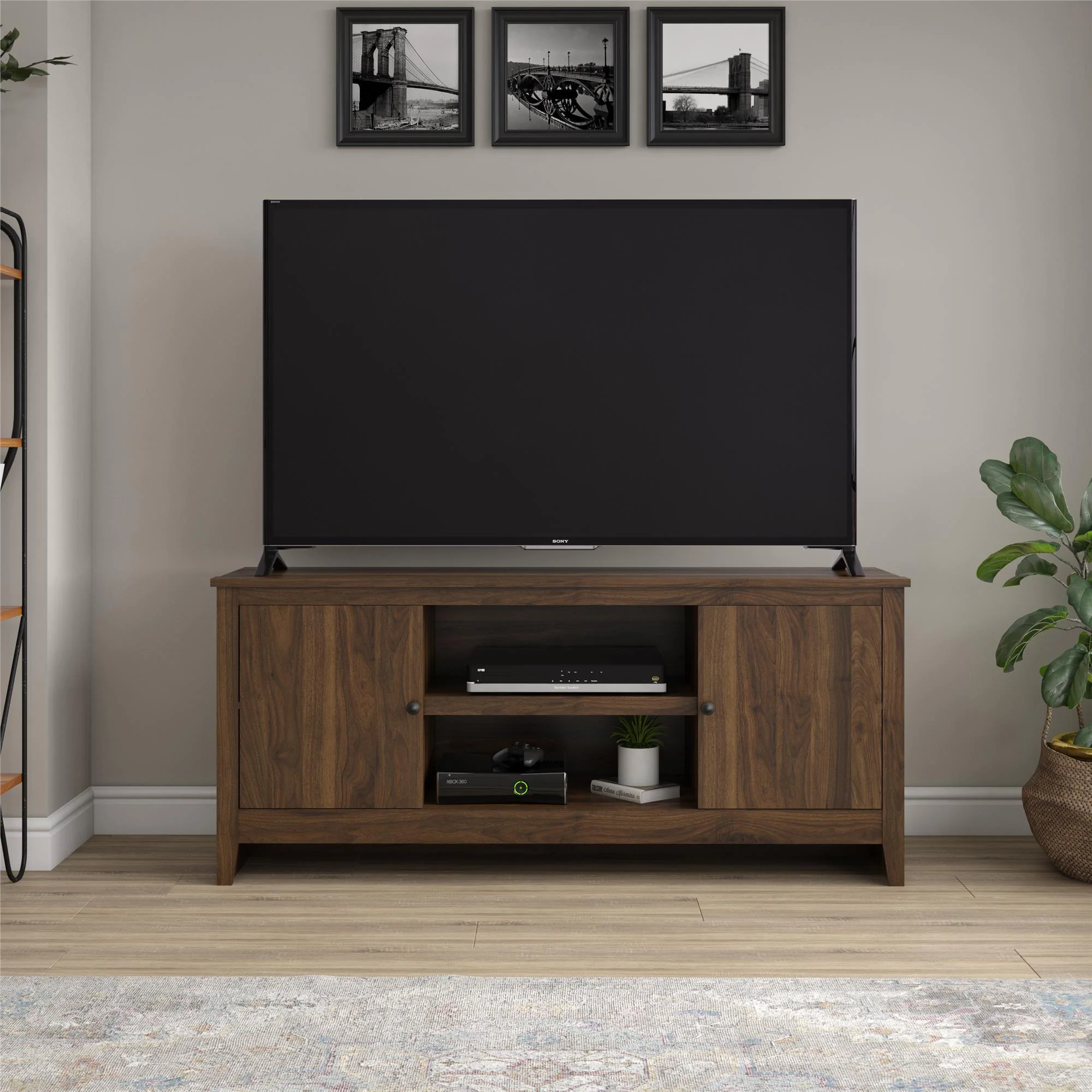 TV Stand For TVs Up To 65" With Open Shelves And Storage Cabinets - Walnut - Image 3