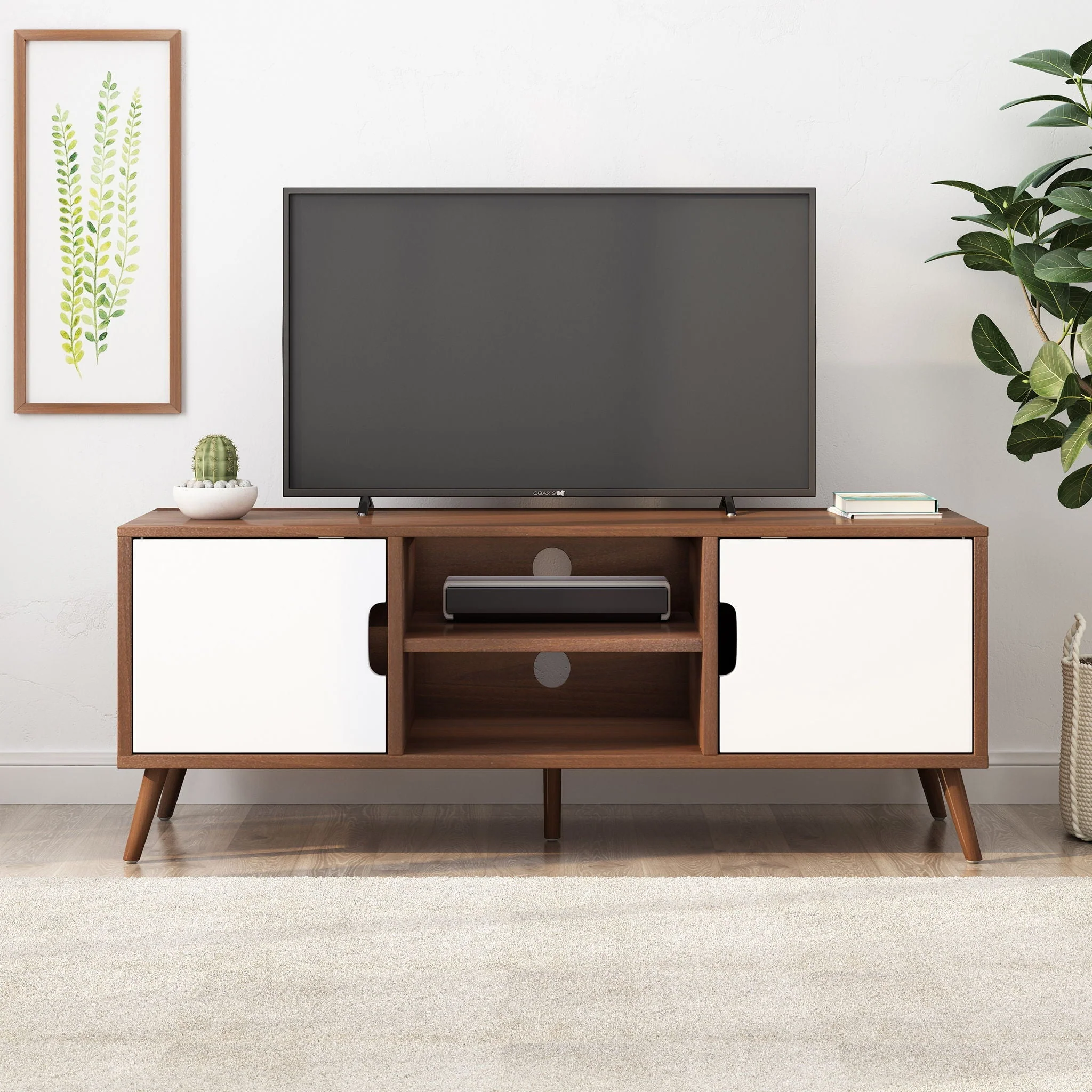 TV Stand With Shelves And Splayed Legs - White / Walnut - Image 2