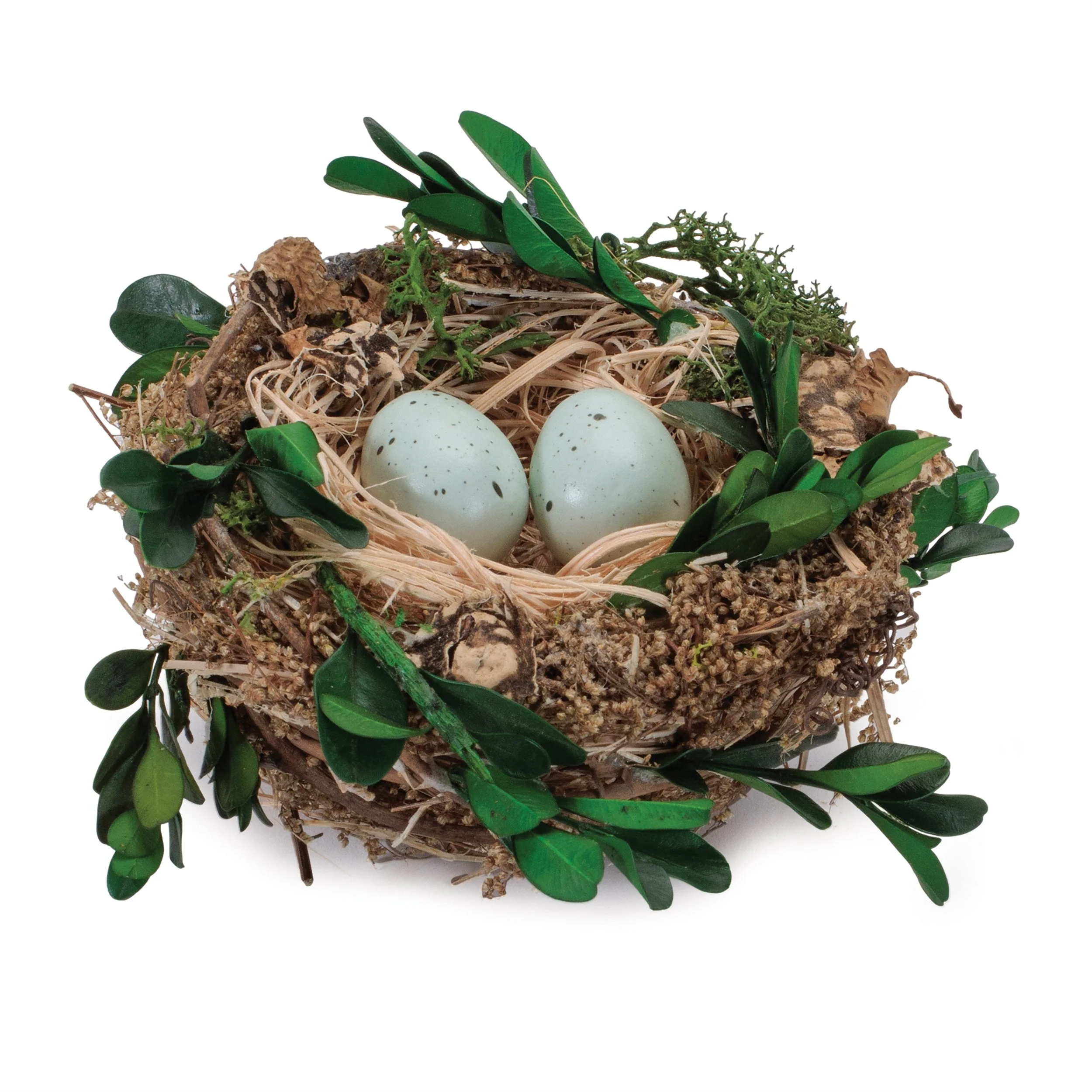 Twig Bird Nest With Eggs And Boxwood Foliage (Set of 12)