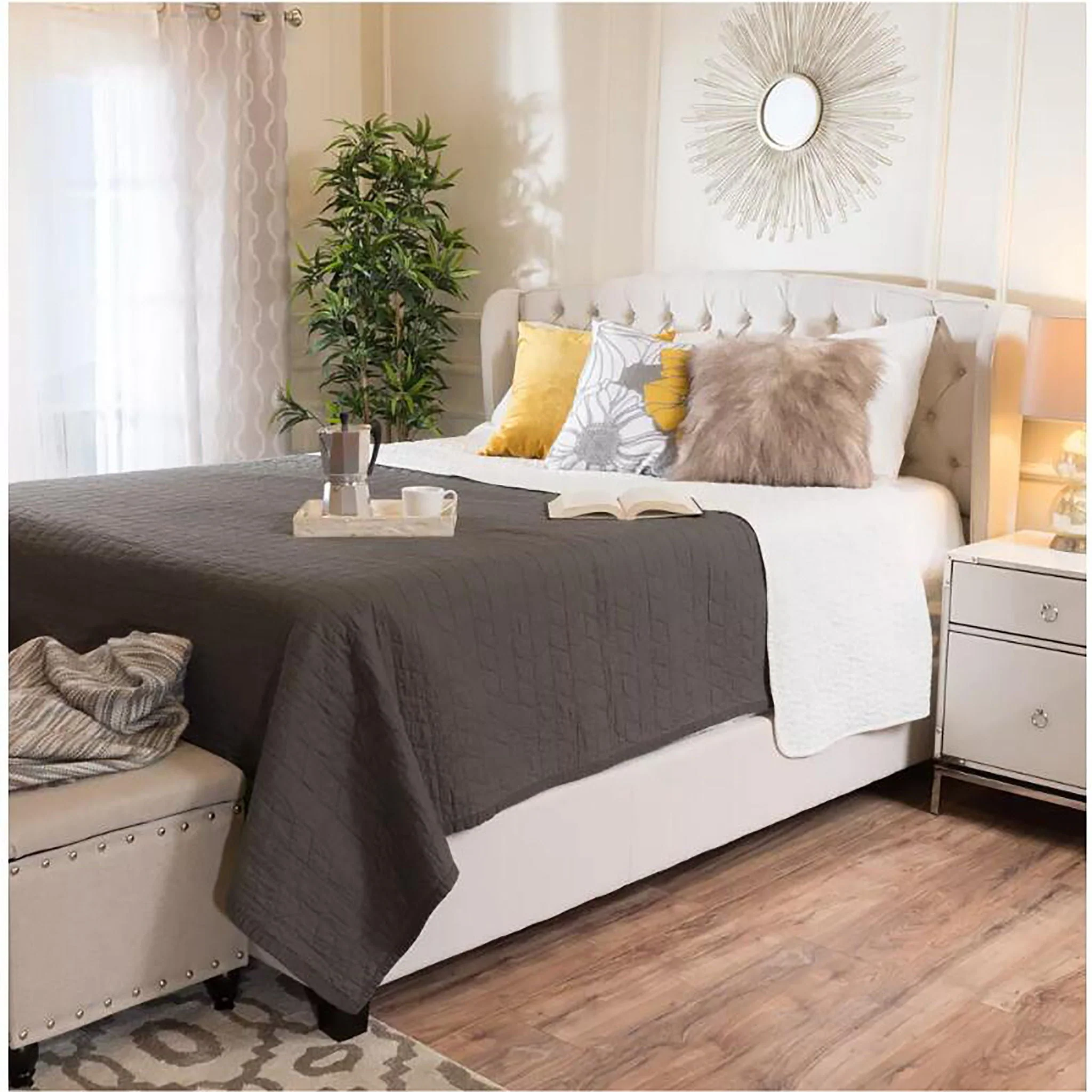 Twilight Fully Upholstered Fabric Wingback Queen Bed - Ivory - Image 2