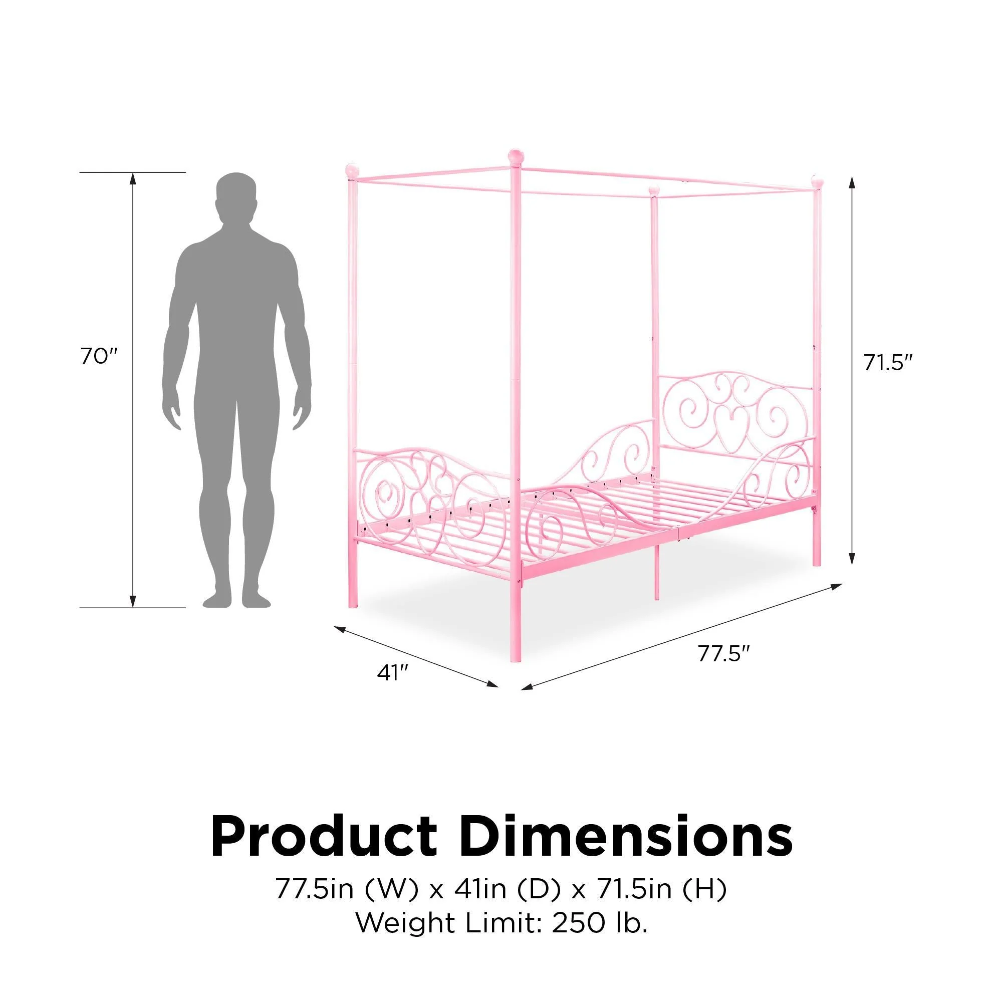 Twin Canopy Bed With Heart Scroll Design And Finial Posts - Pink - Image 2
