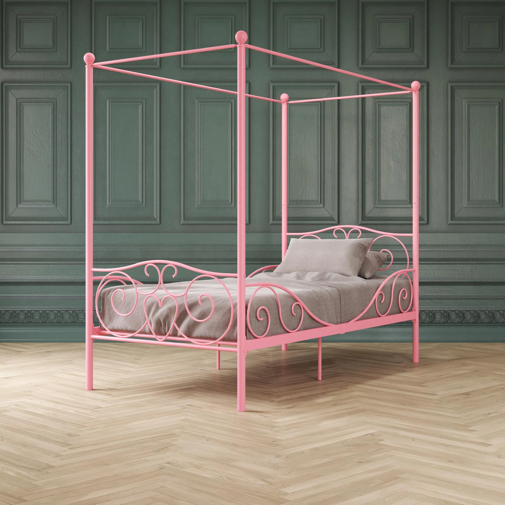Twin Canopy Bed With Heart Scroll Design And Finial Posts - Pink - Image 3