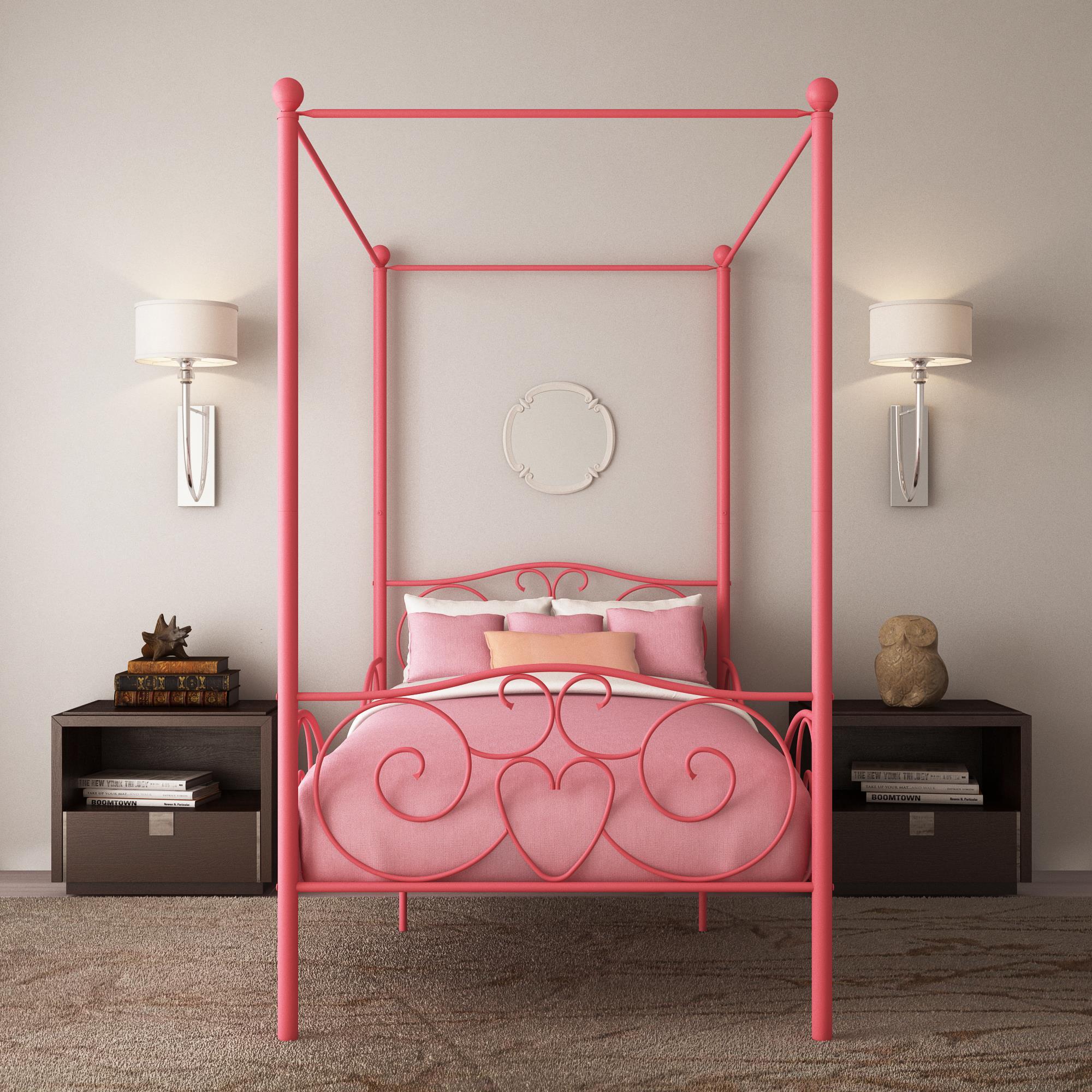 Twin Canopy Bed With Heart Scroll Design And Finial Posts - Pink - Image 4