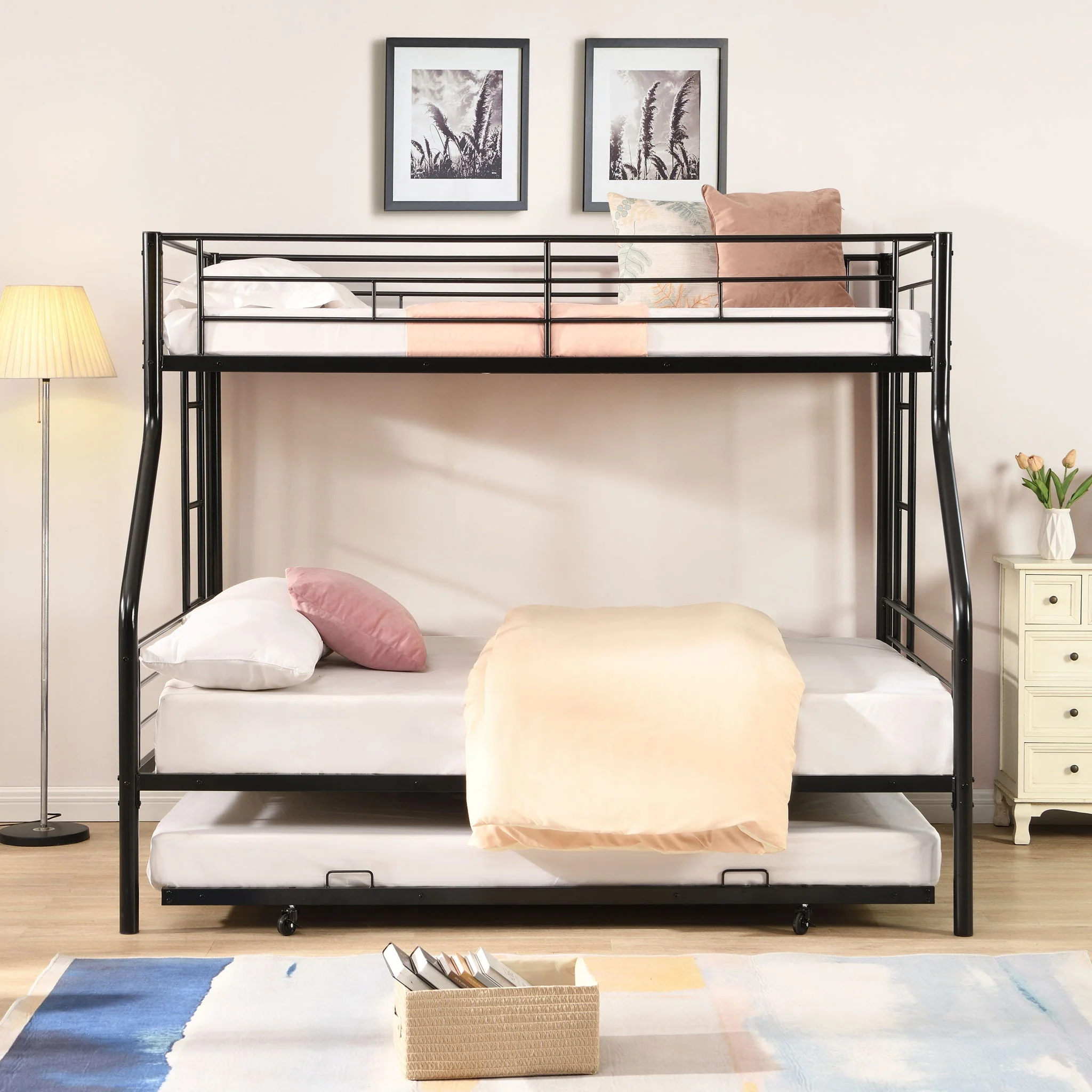 Twin Over Full Modern Metal Bunk Bed With Trundle - Black - Image 2