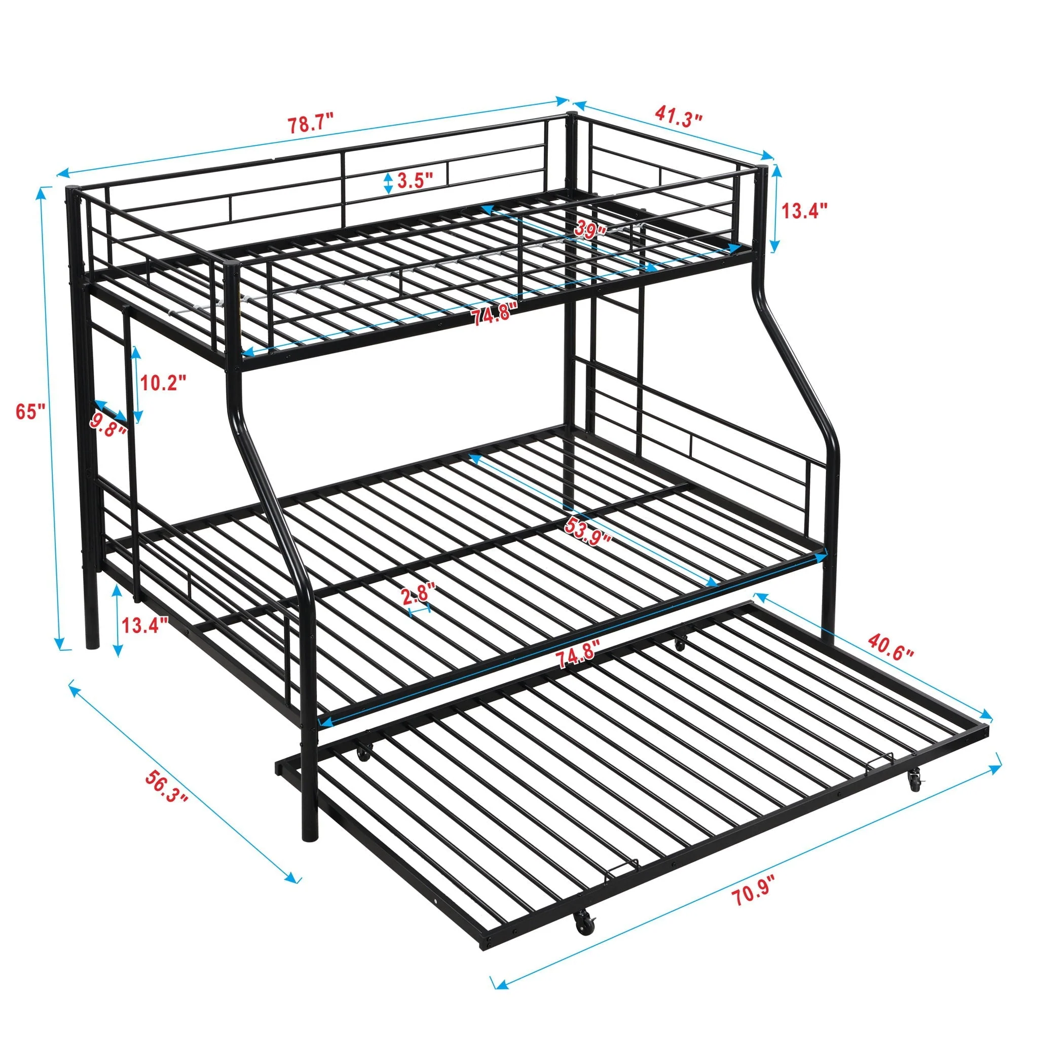 Twin Over Full Modern Metal Bunk Bed With Trundle - Black - Image 3