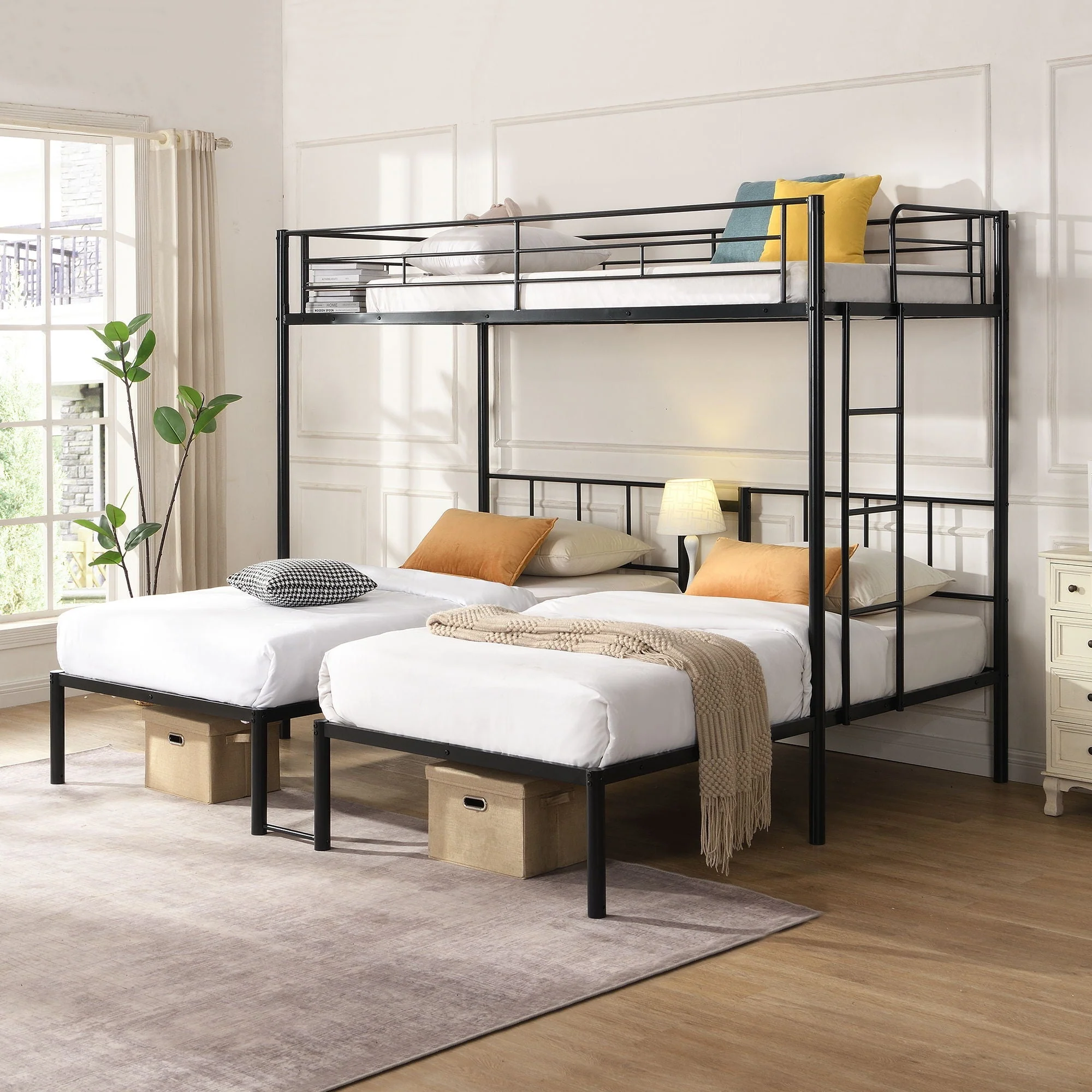 Twin Over Twin Over Twin Triple Bunk Bed With Safety Rails And Storage Shelf - Black - Image 2
