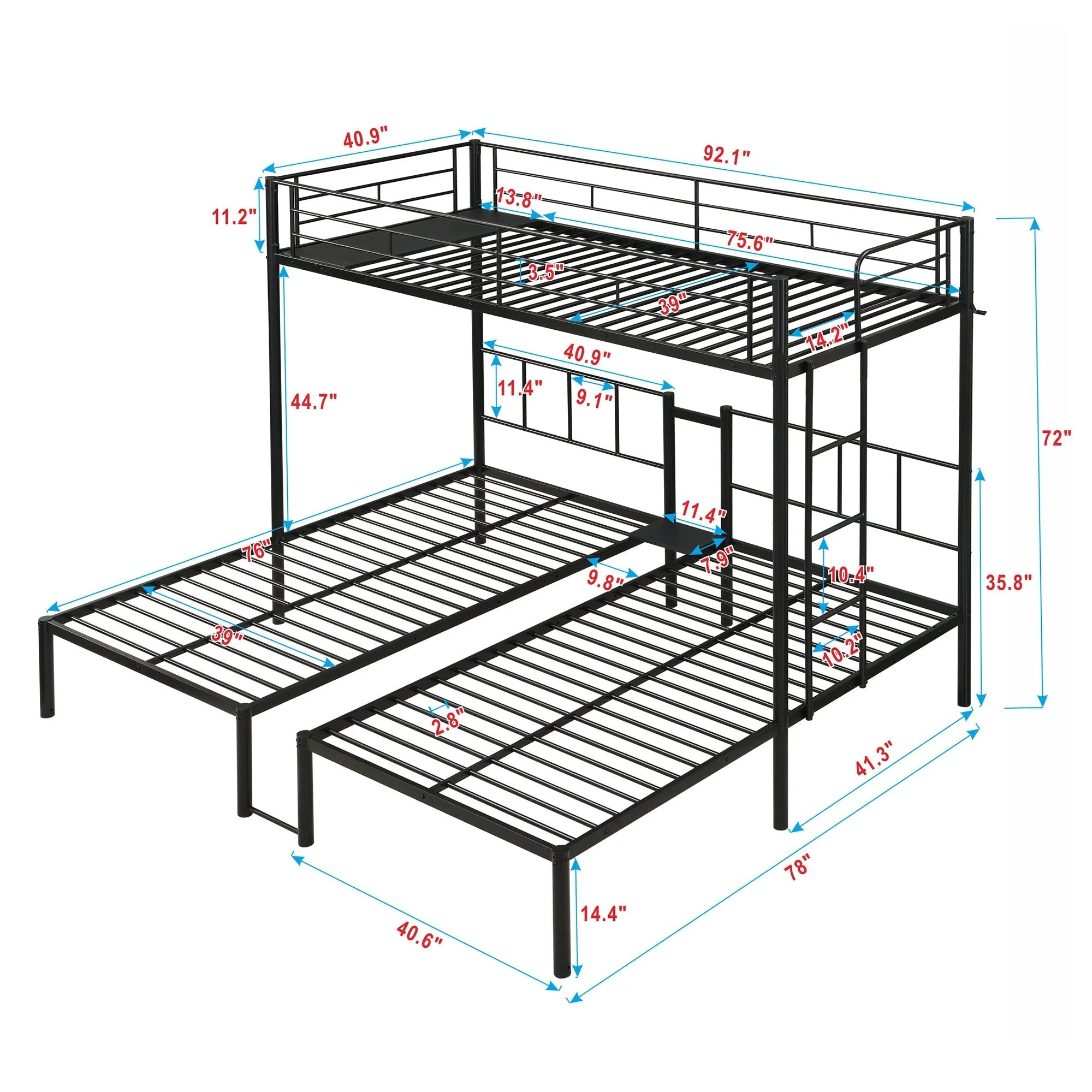 Twin Over Twin Over Twin Triple Bunk Bed With Safety Rails And Storage Shelf - Black - Image 3