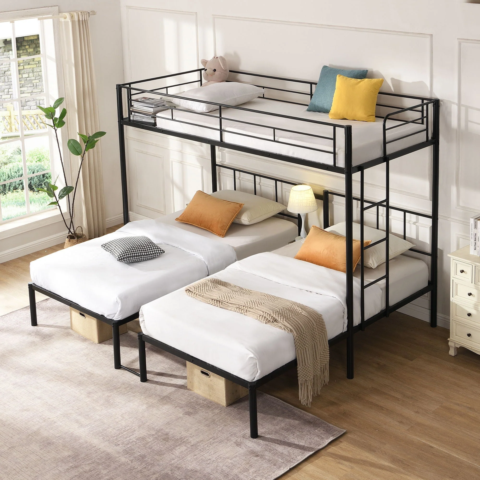 Twin Over Twin Over Twin Triple Bunk Bed With Safety Rails And Storage Shelf - Black - Image 4