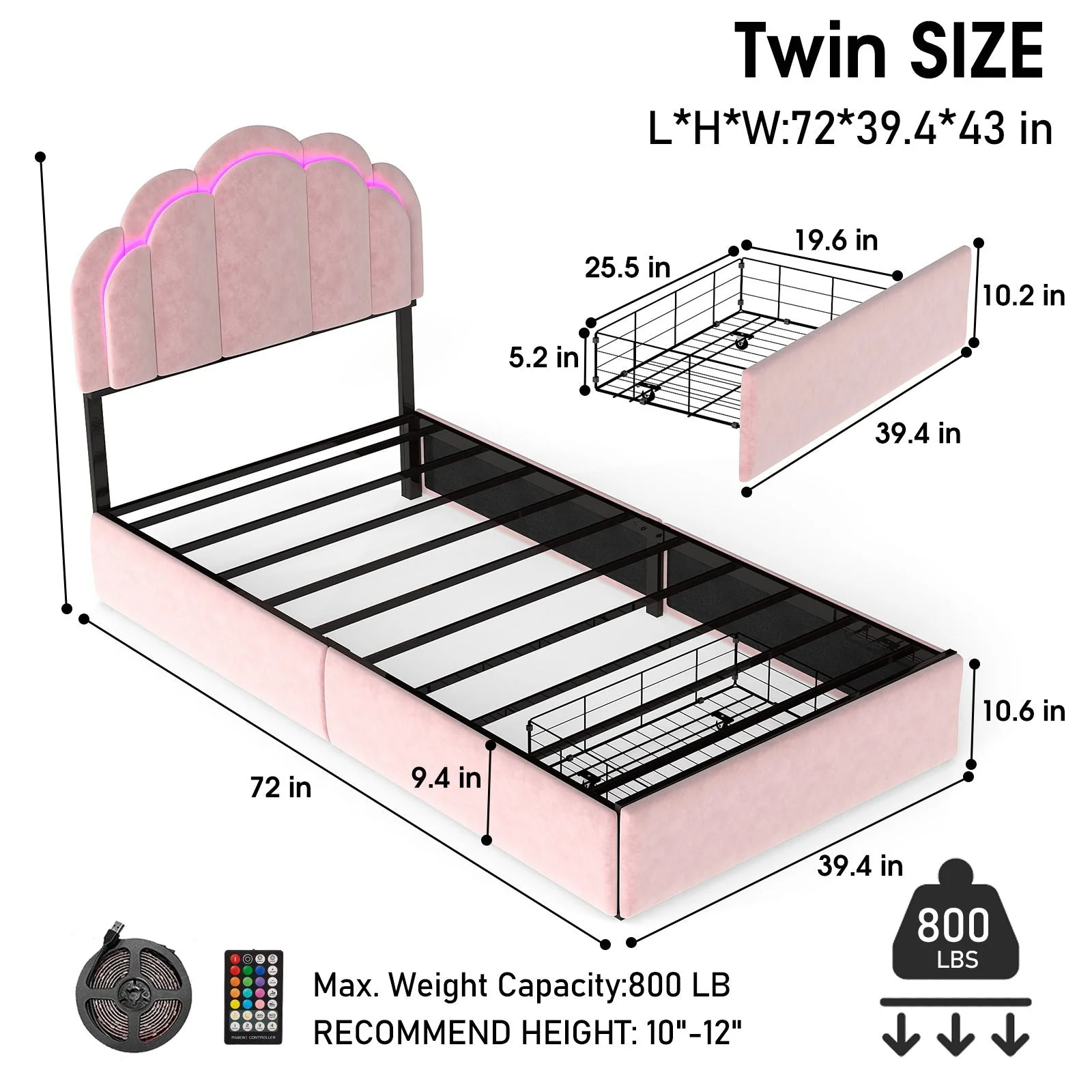 Twin Petal Platform Bed With RGB LED Lights & Storage Drawers, - Pink - Image 2