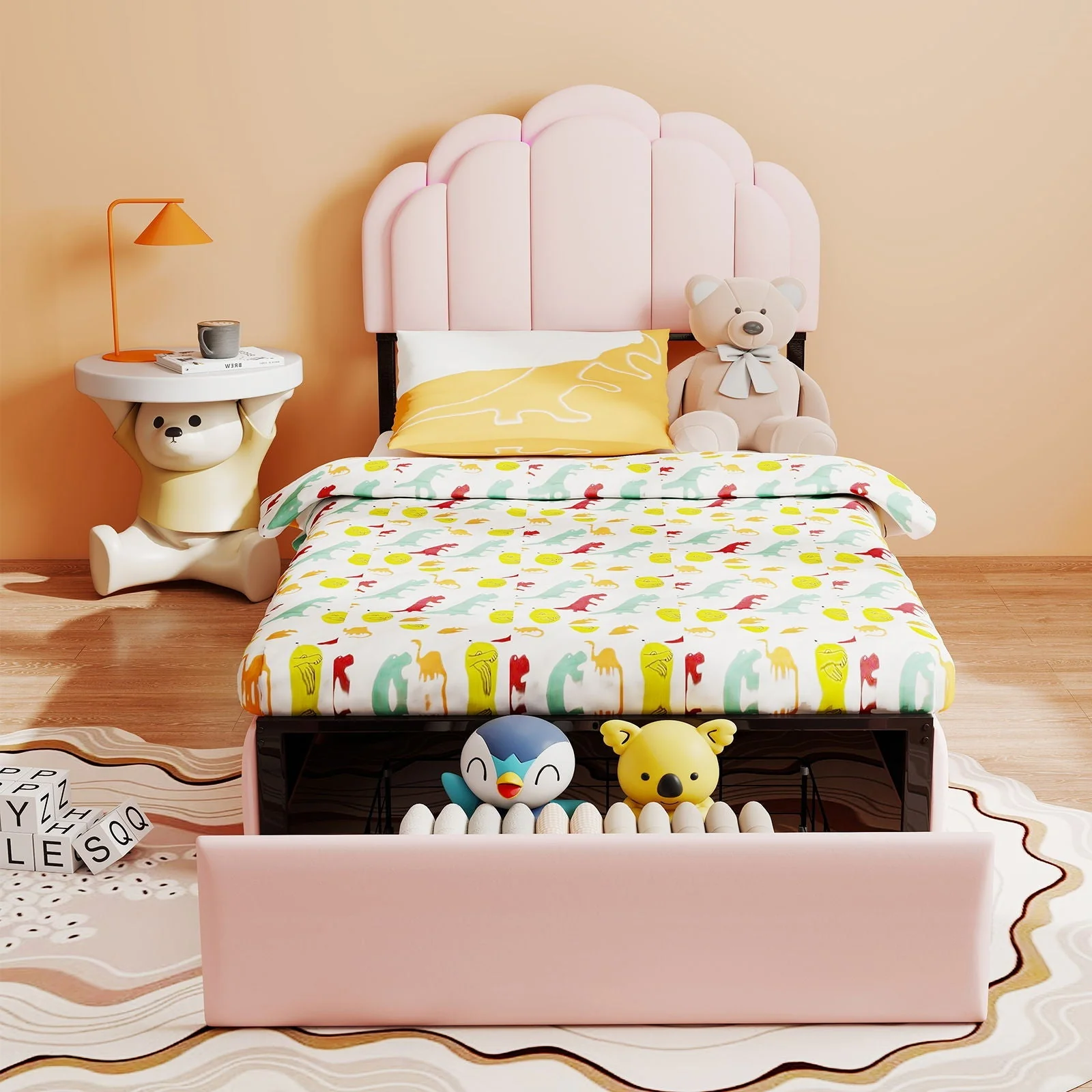 Twin Petal Platform Bed With RGB LED Lights & Storage Drawers, - Pink - Image 3
